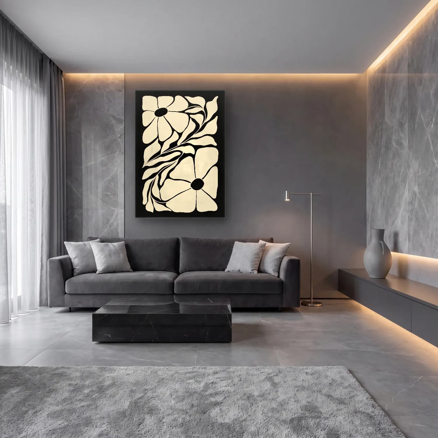 Boho Çiçek Deseni – Siyah Beyaz Tonlar cam tablo — lüks salon duvarında