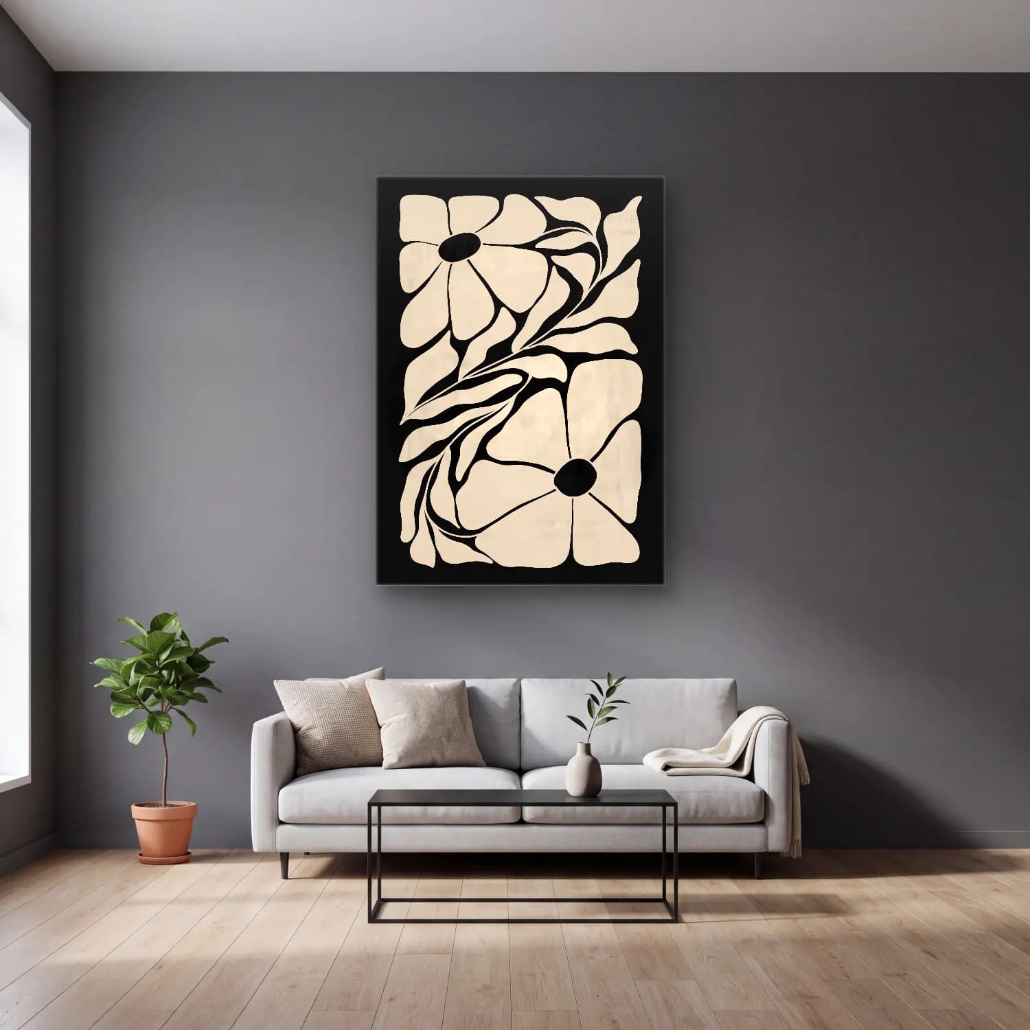 Boho Çiçek Deseni – Siyah Beyaz Tonlar cam tablo — gri duvarlı salonda