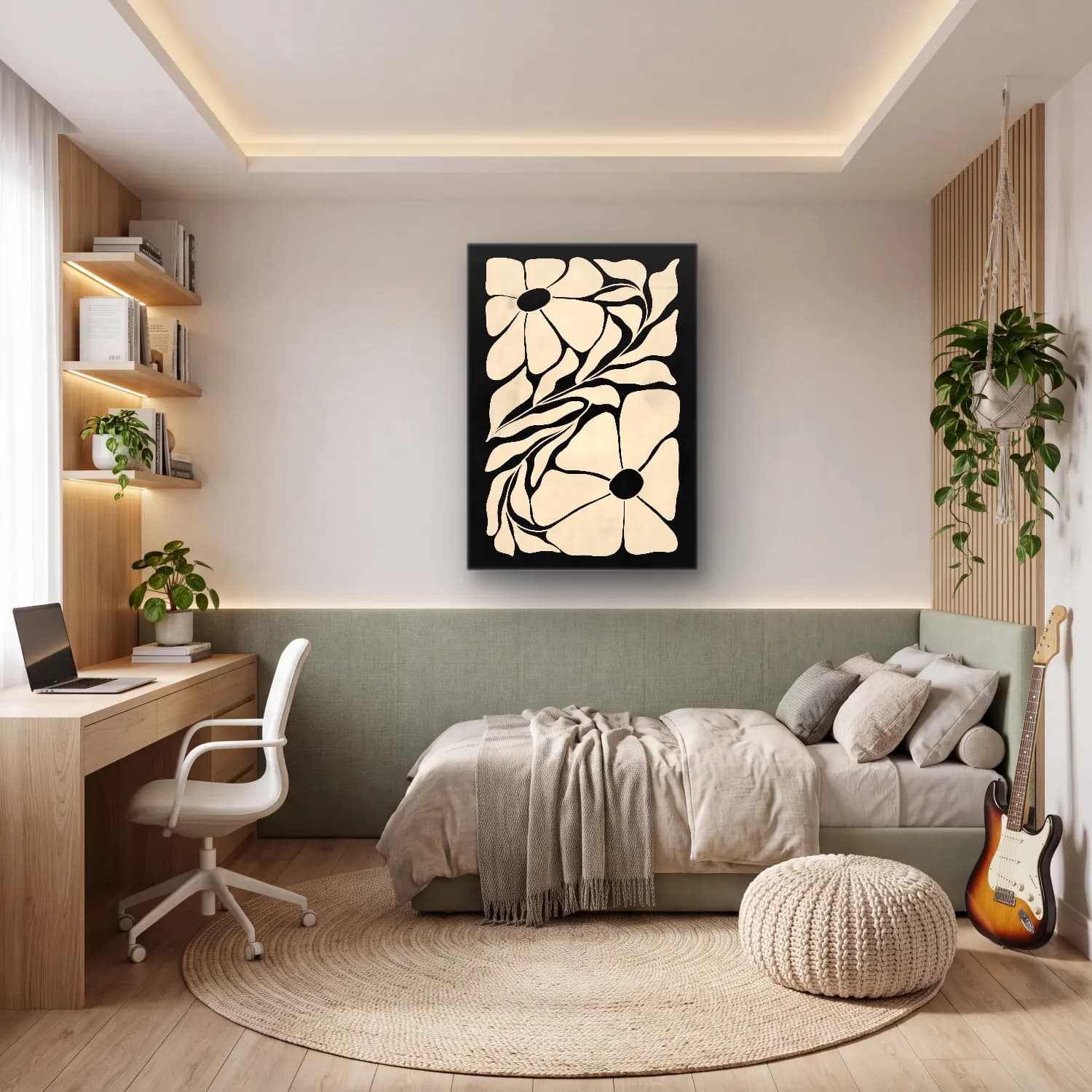 Boho Çiçek Deseni – Siyah Beyaz Tonlar cam tablo — genç odasında