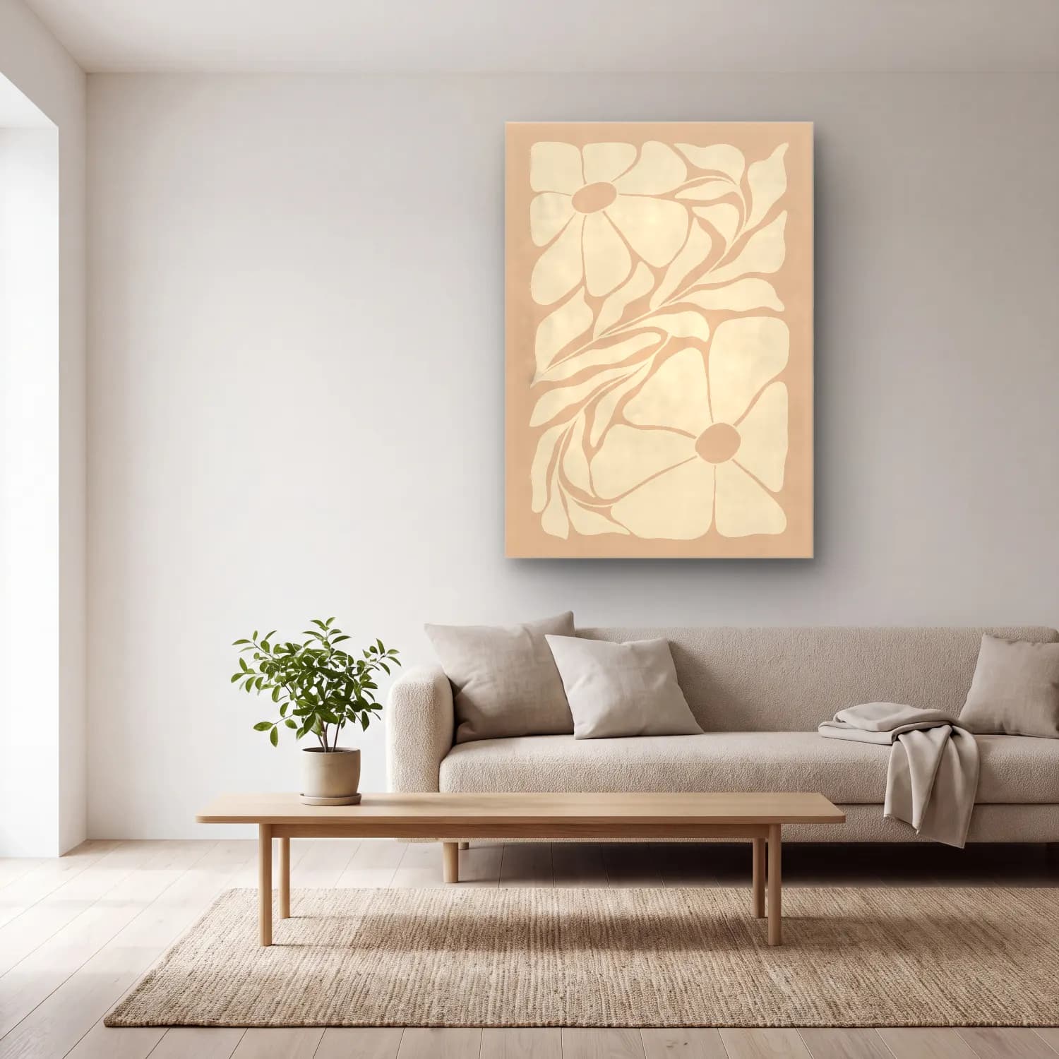 Boho Çiçek Deseni No. 74 cam tablo — açık renk salonda