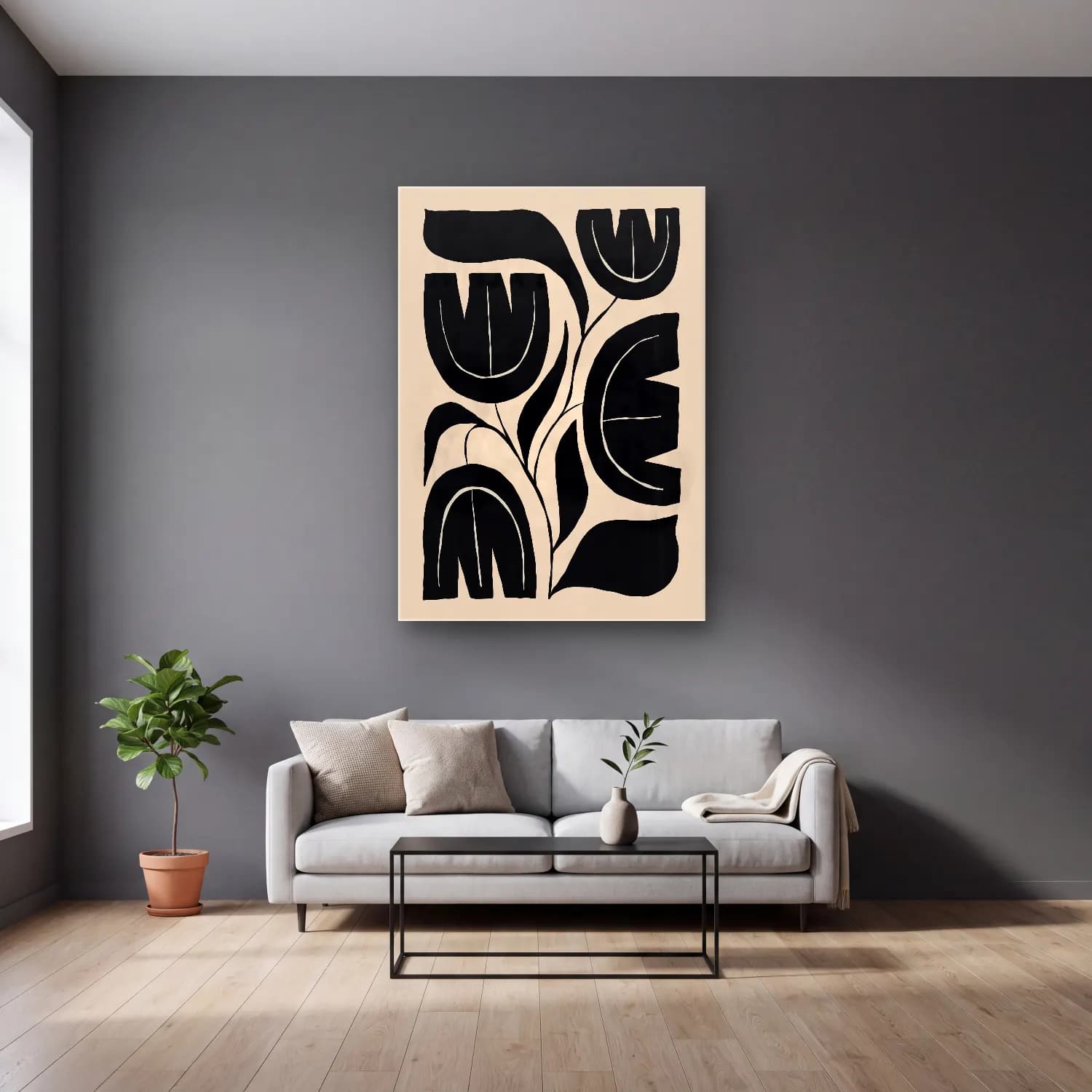 Boho Çiçek Deseni No. 79 cam tablo — gri duvarlı salonda