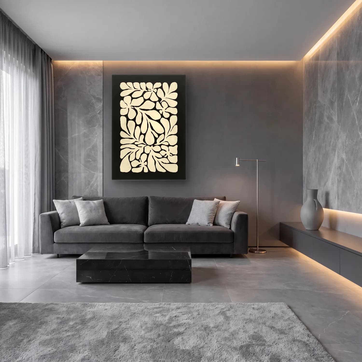 Boho Çiçek Deseni No. 80 cam tablo — lüks salon duvarında