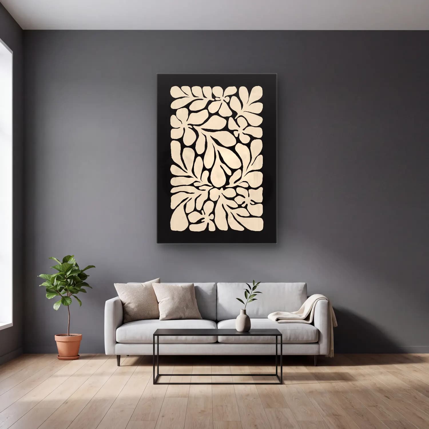 Boho Çiçek Deseni No. 80 cam tablo — gri duvarlı salonda
