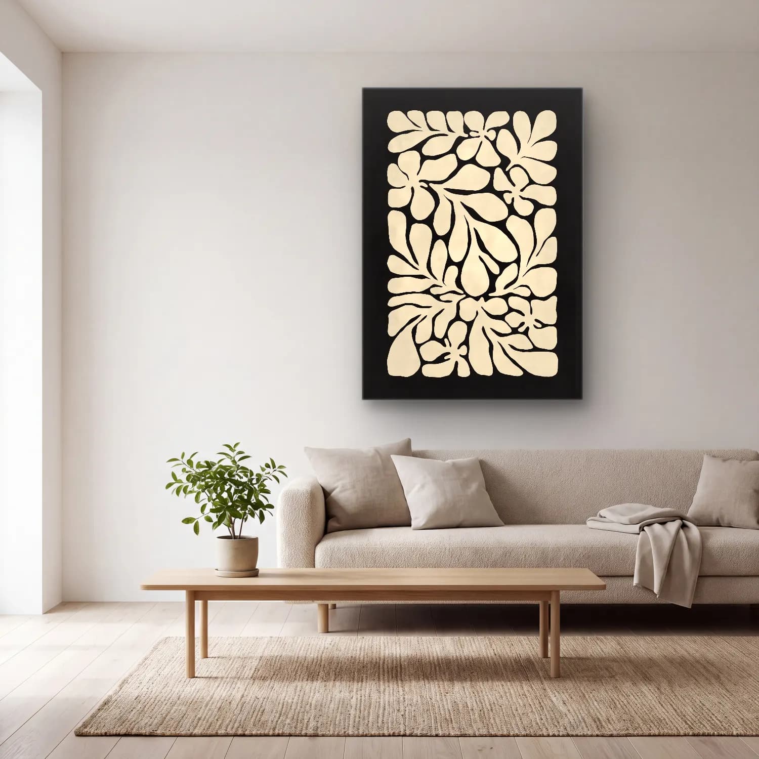 Boho Çiçek Deseni No. 80 cam tablo — açık renk salonda