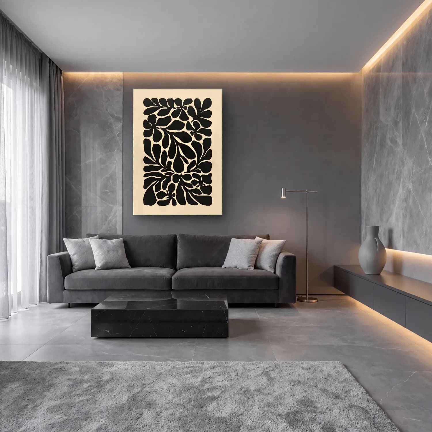 Boho Çiçek Deseni No. 81 cam tablo — lüks salon duvarında