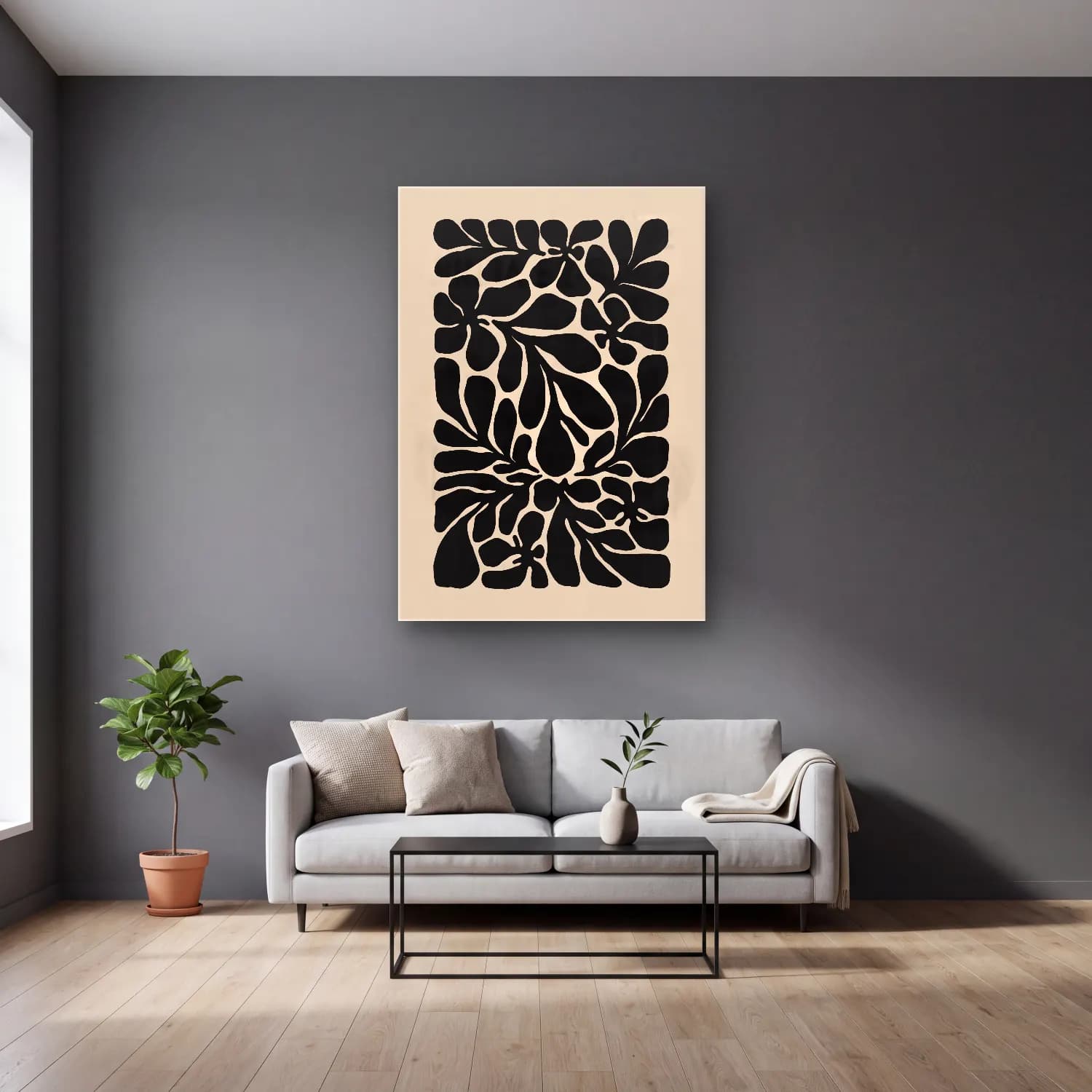 Boho Çiçek Deseni No. 81 cam tablo — gri duvarlı salonda