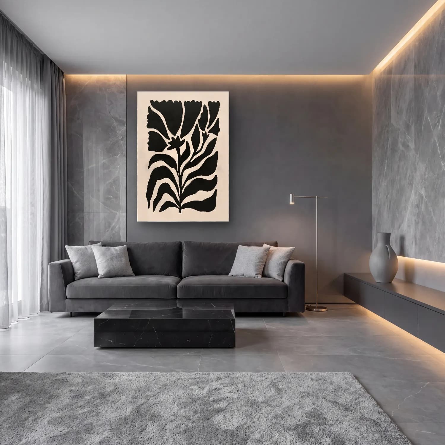 Boho Çiçek Deseni No. 85 cam tablo — lüks salon duvarında