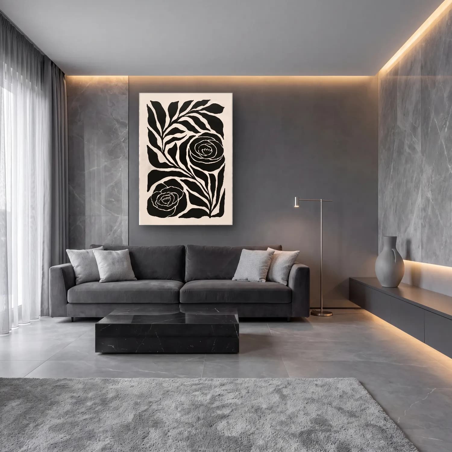 Boho Çiçek Deseni No. 86 cam tablo — lüks salon duvarında