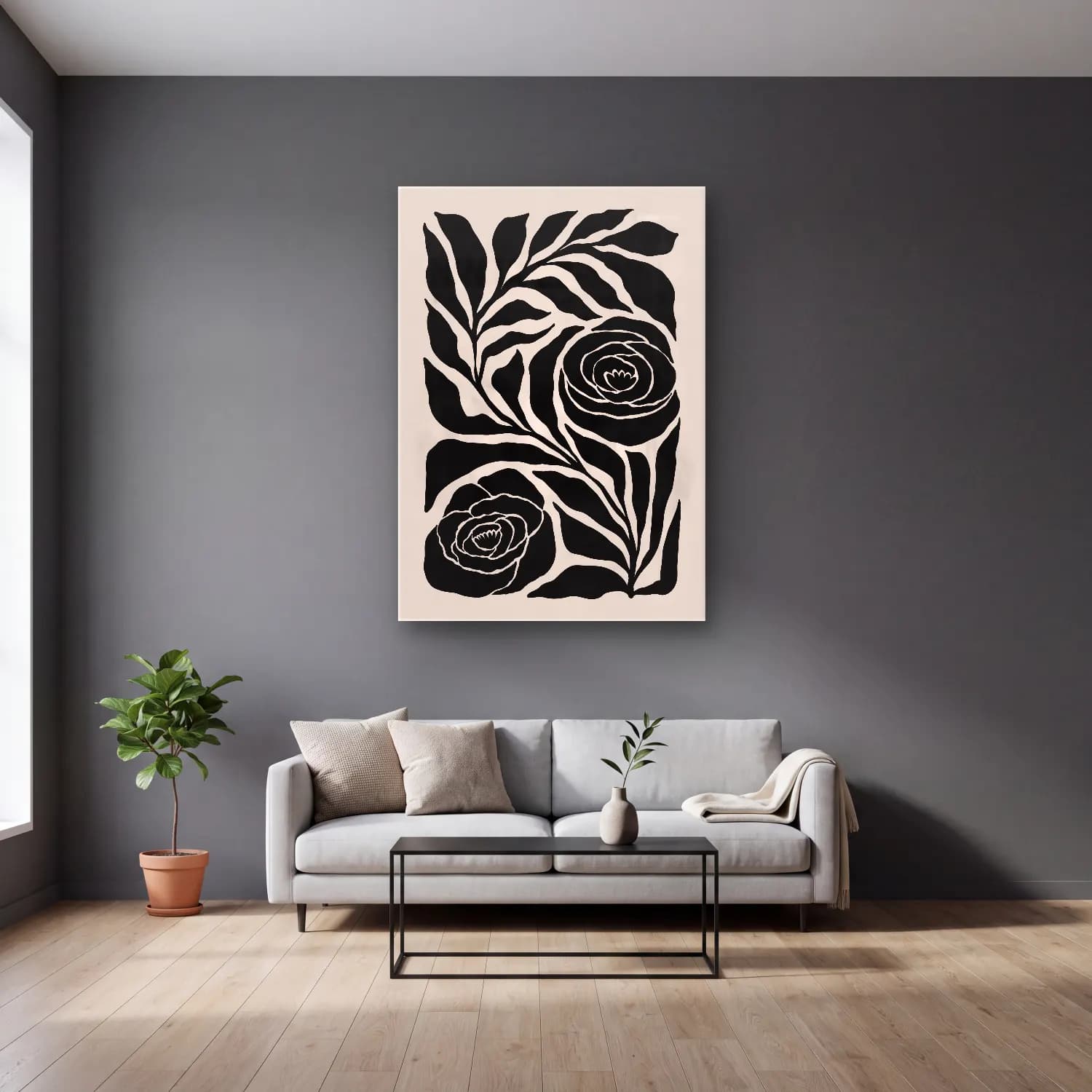 Boho Çiçek Deseni No. 86 cam tablo — gri duvarlı salonda