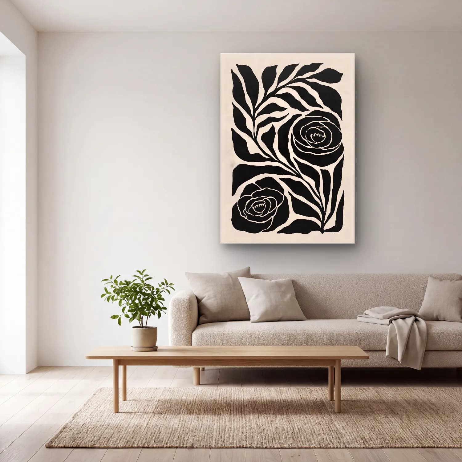 Boho Çiçek Deseni No. 86 cam tablo — açık renk salonda
