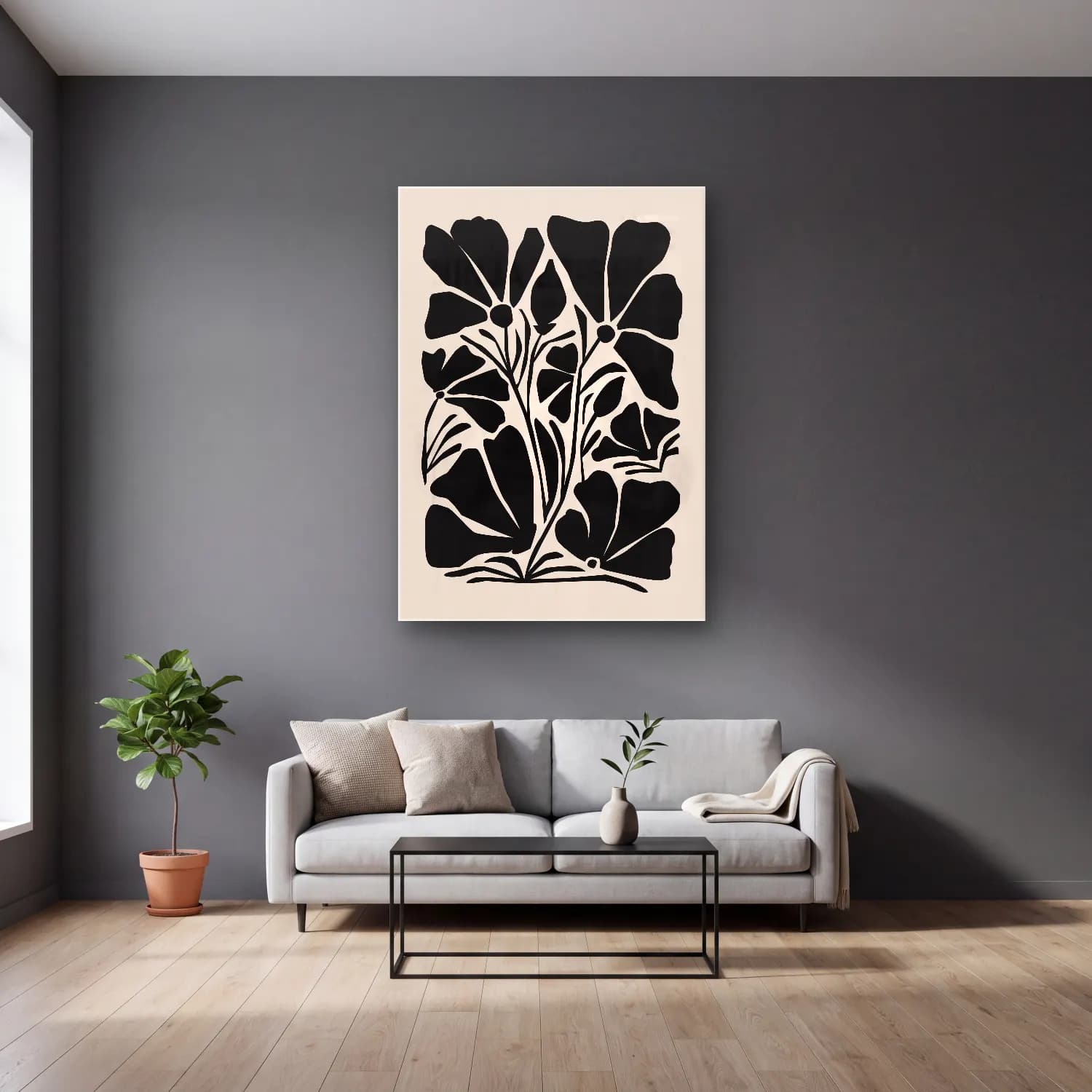 Boho Çiçek Deseni No. 87 cam tablo — gri duvarlı salonda