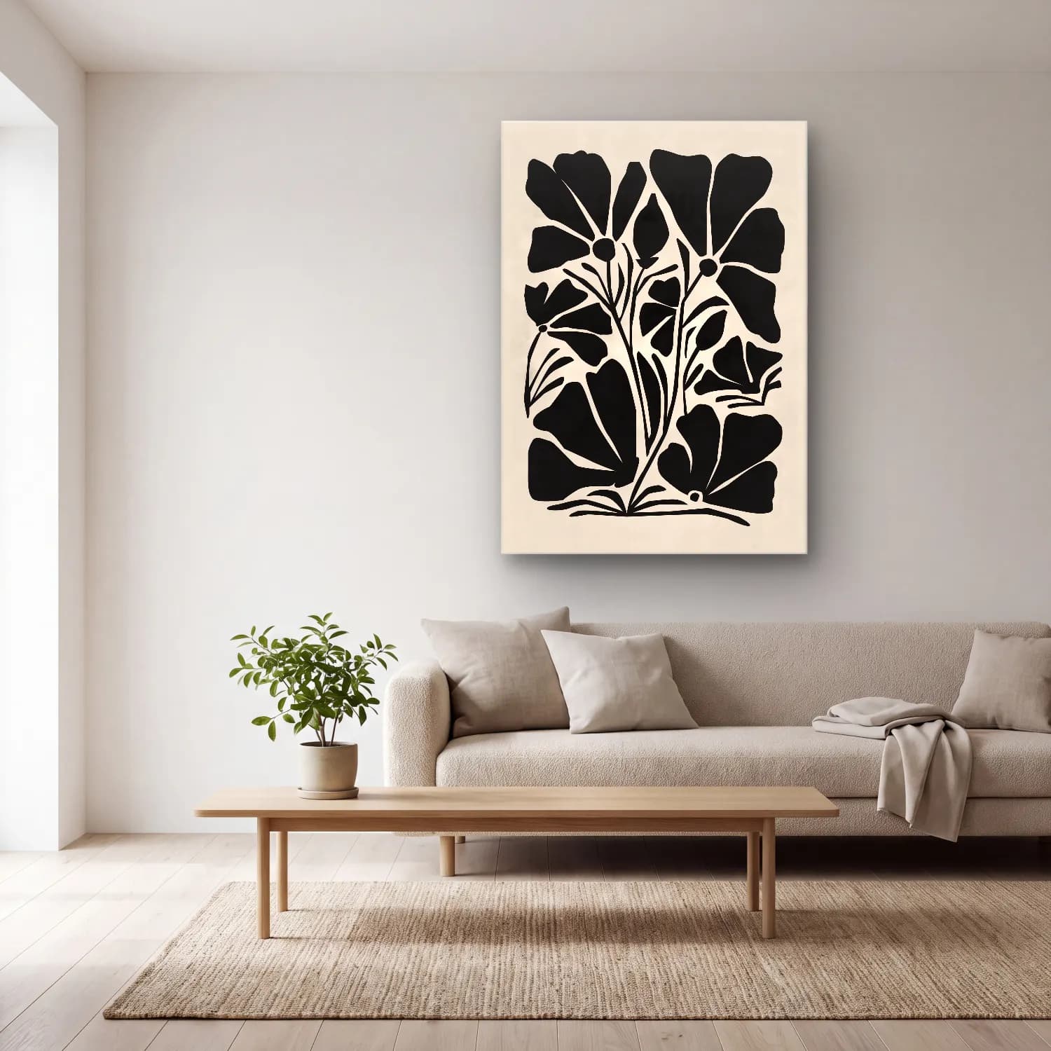Boho Çiçek Deseni No. 87 cam tablo — açık renk salonda