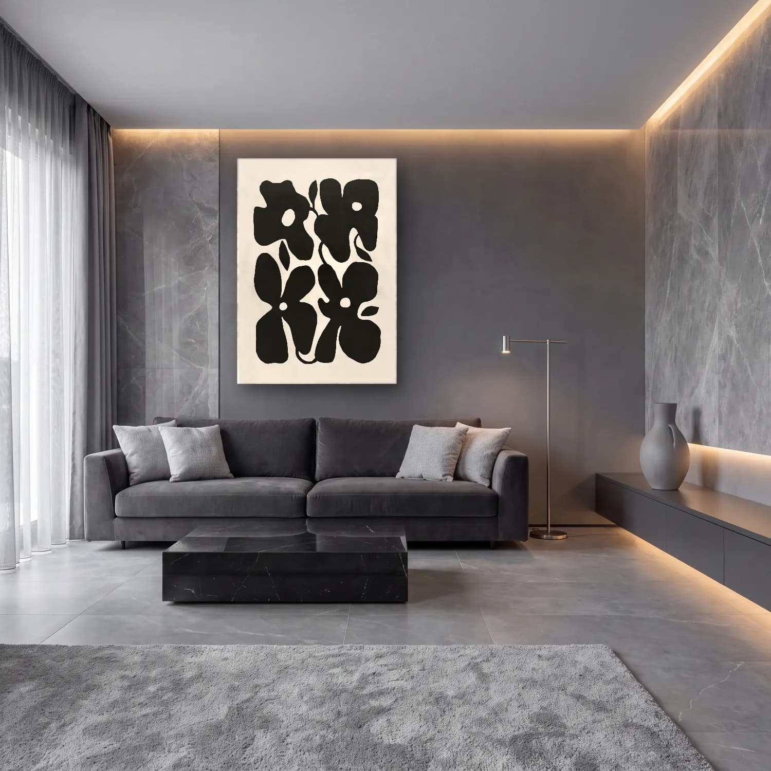 Boho Çiçek Deseni No. 88 cam tablo — lüks salon duvarında