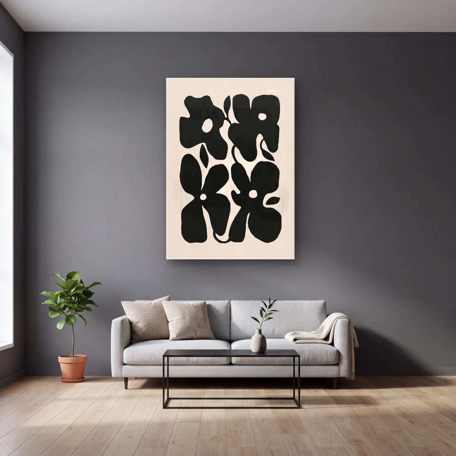 Boho Çiçek Deseni No. 88 cam tablo — gri duvarlı salonda