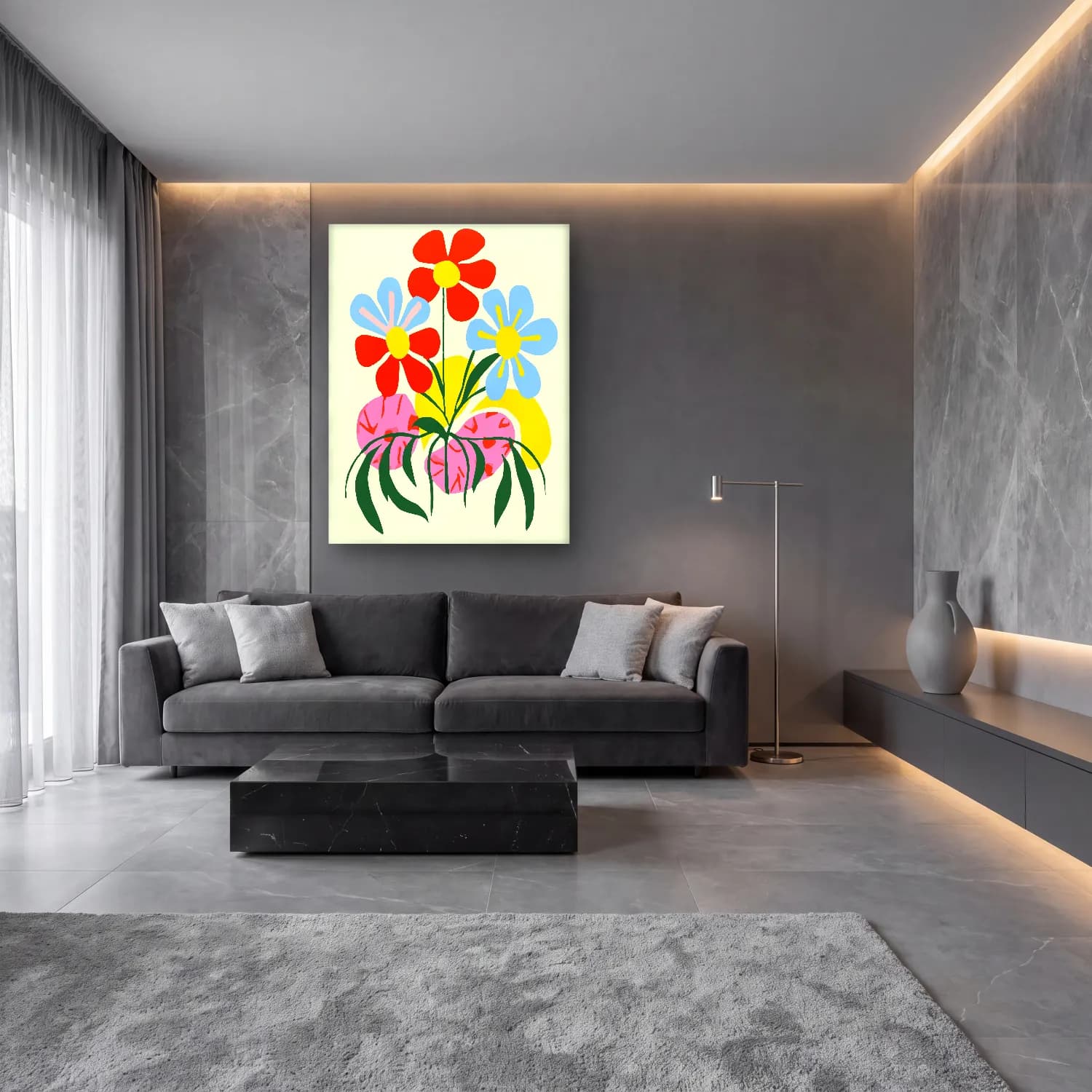 Boho Çiçek Deseni No. 89 cam tablo — lüks salon duvarında