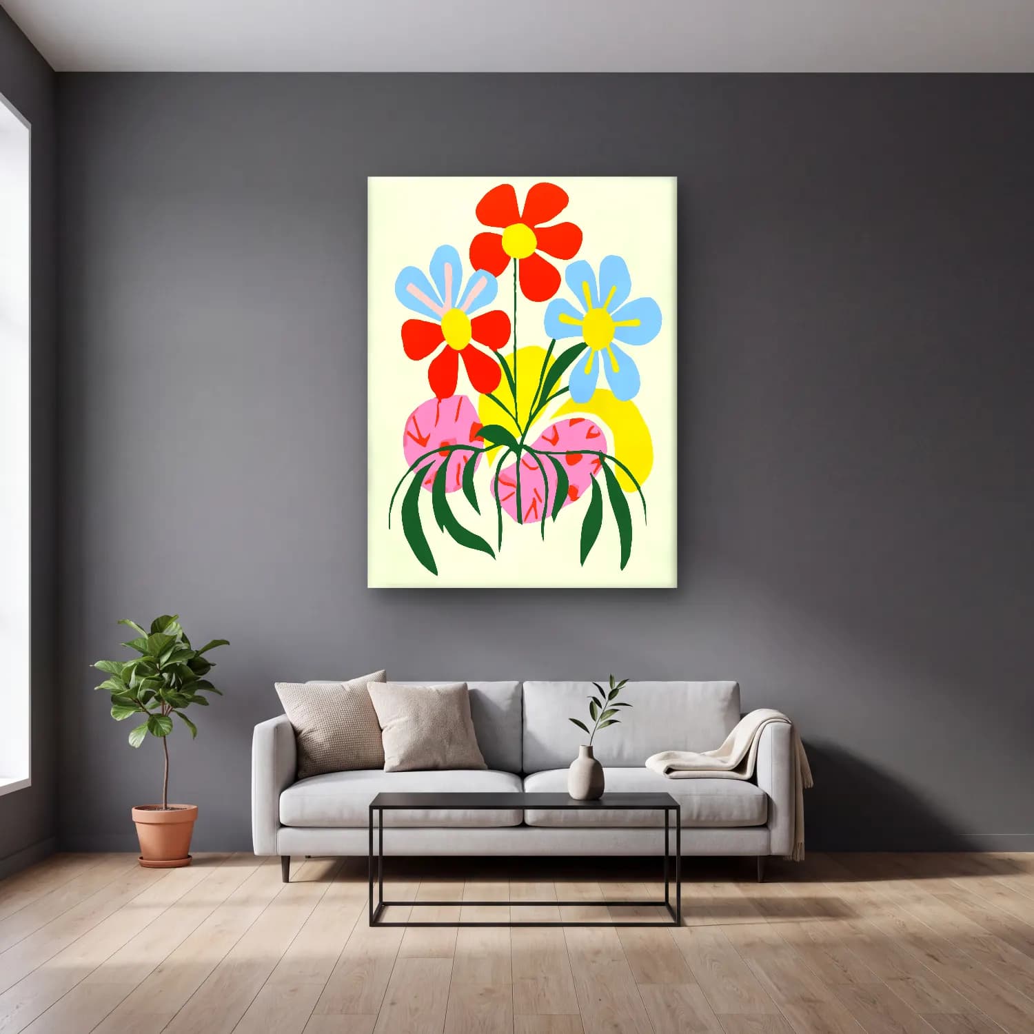 Boho Çiçek Deseni No. 89 cam tablo — gri duvarlı salonda