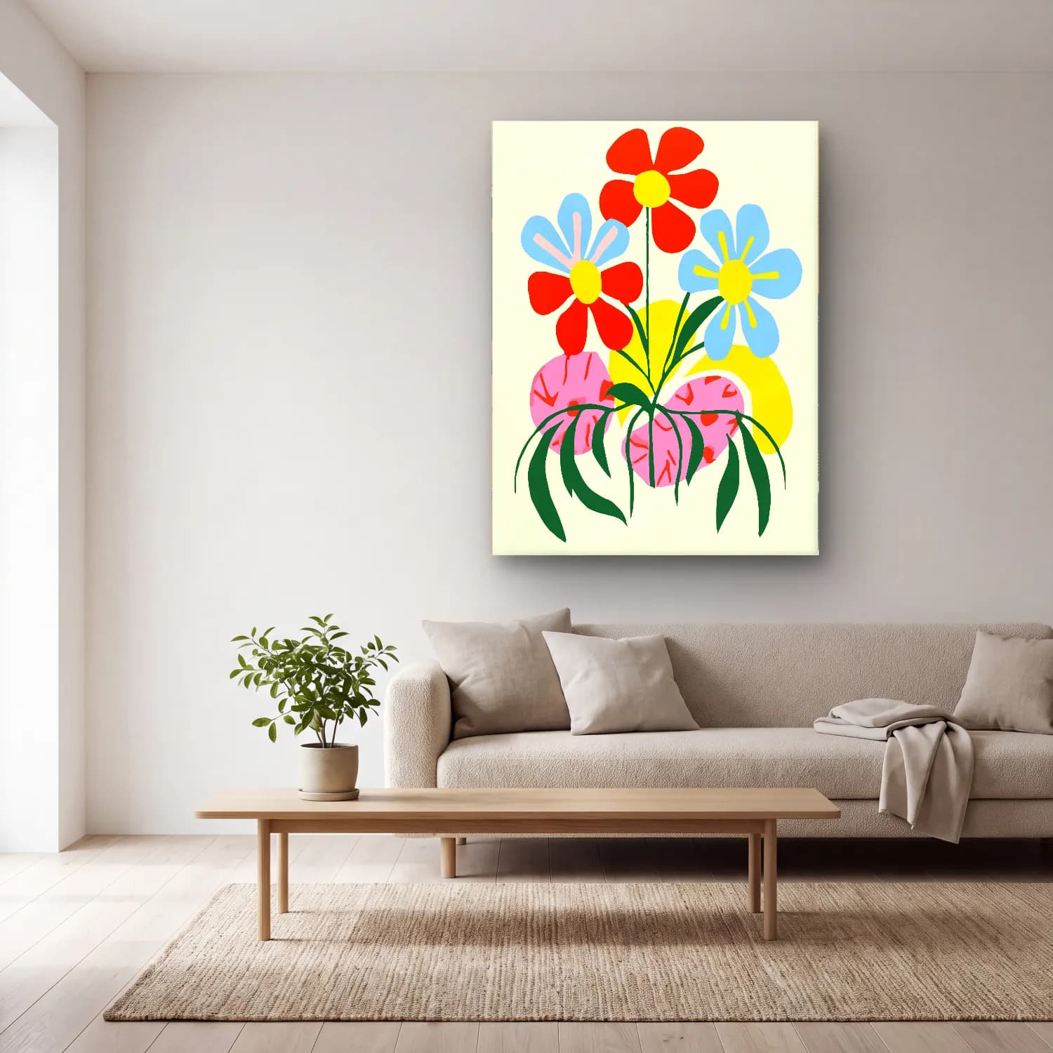 Boho Çiçek Deseni No. 89 cam tablo — açık renk salonda