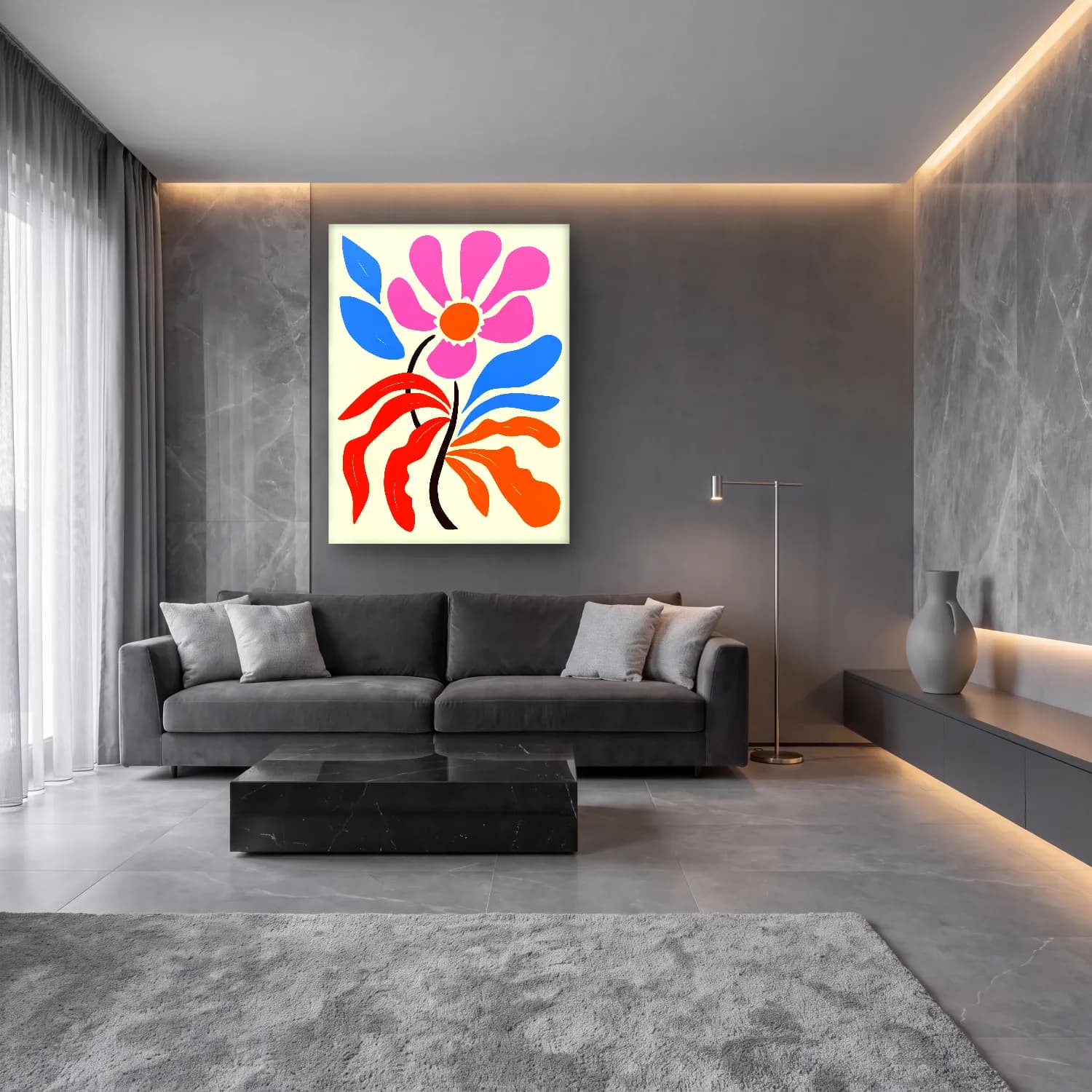 Boho Çiçek Deseni No. 90 cam tablo — lüks salon duvarında