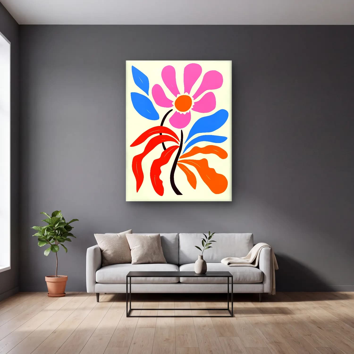 Boho Çiçek Deseni No. 90 cam tablo — gri duvarlı salonda