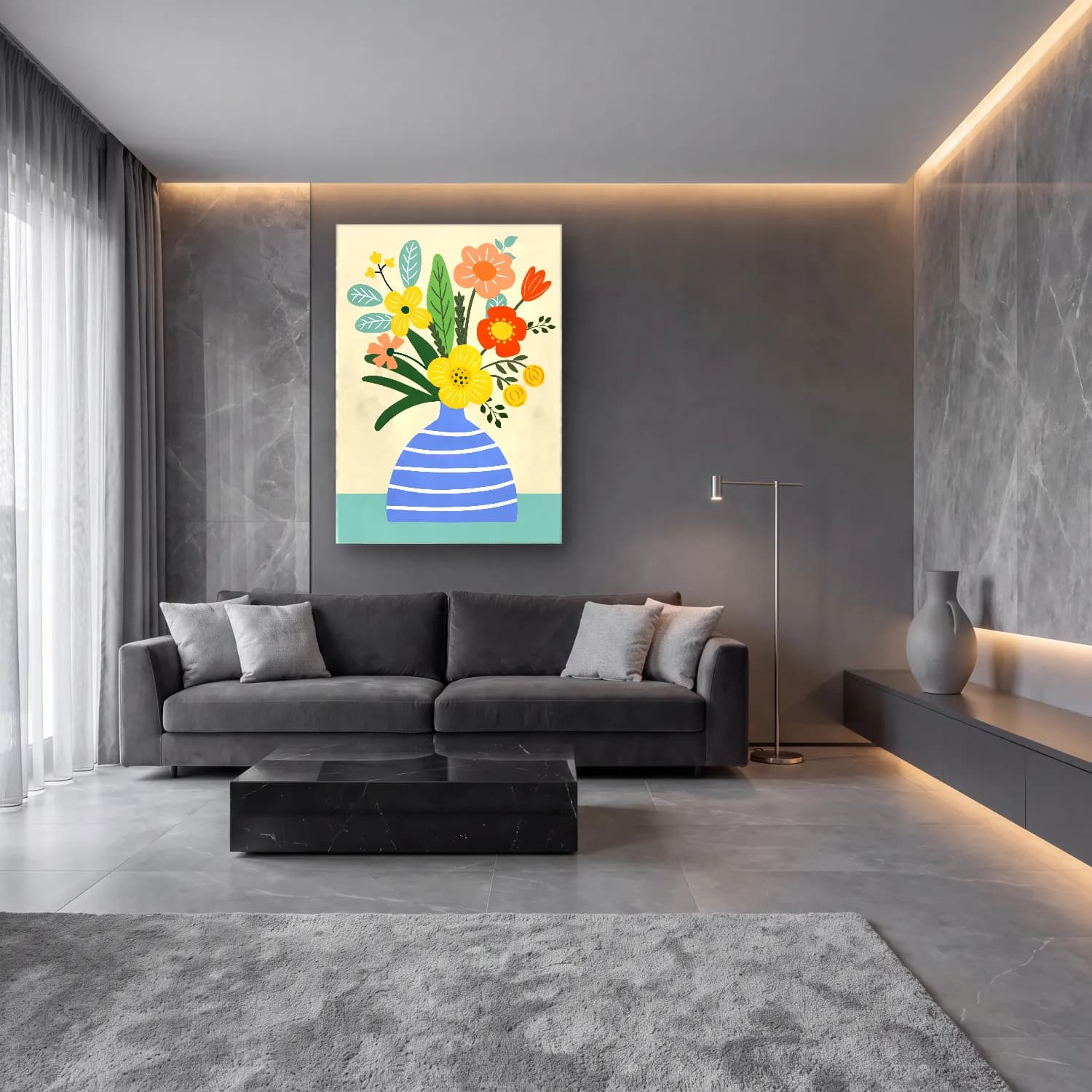 Boho Vazoda Çiçek Buketi No. 4 cam tablo — lüks salon duvarında