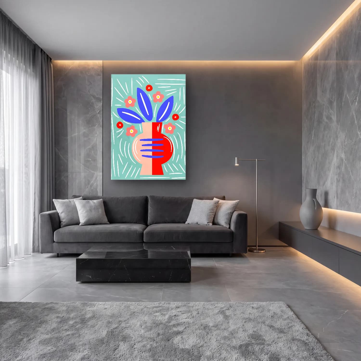 Boho Vazo – Mavi Tonlar cam tablo — lüks salon duvarında