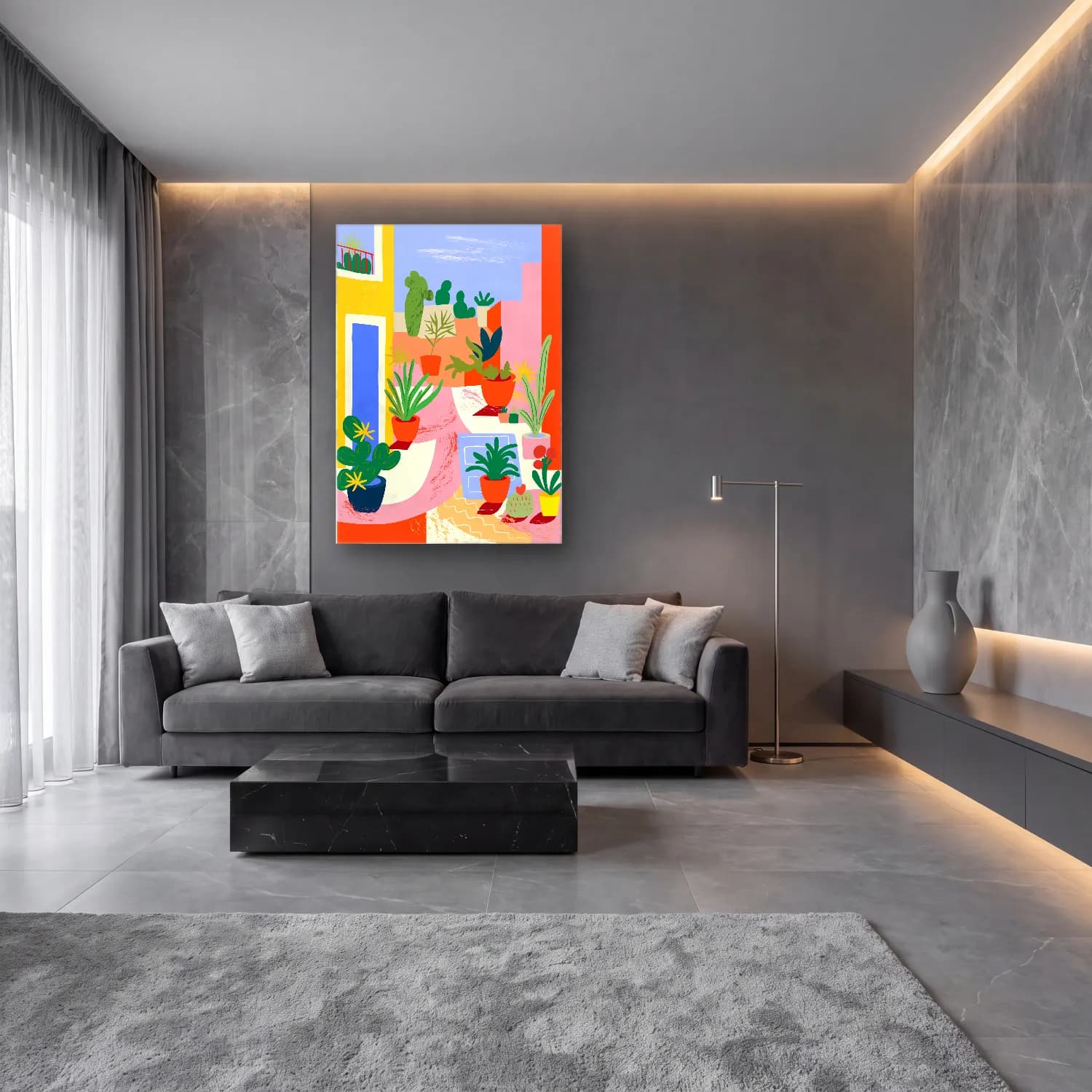 Boho Çiçek Bahçesi cam tablo — lüks salon duvarında