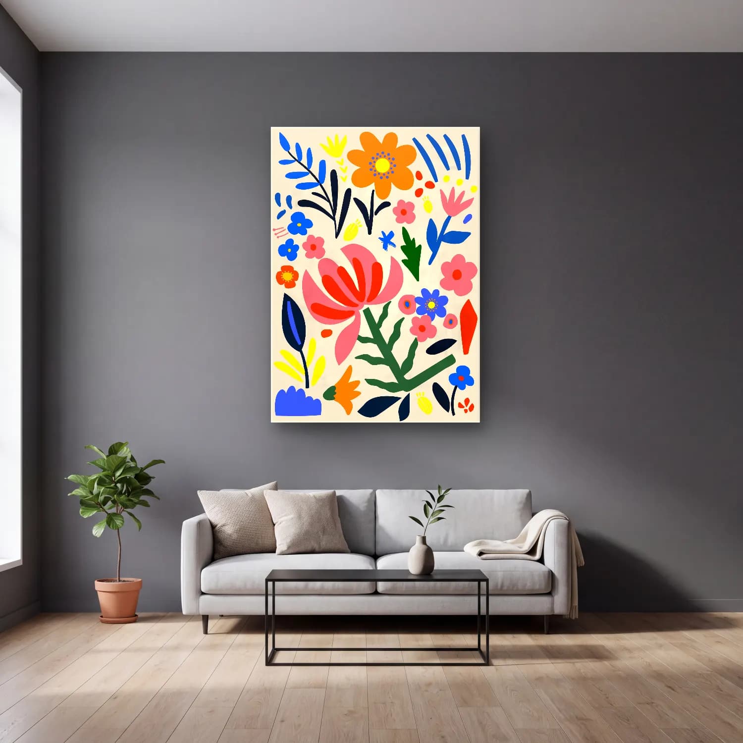 Boho Çiçek Deseni No. 92 cam tablo — gri duvarlı salonda