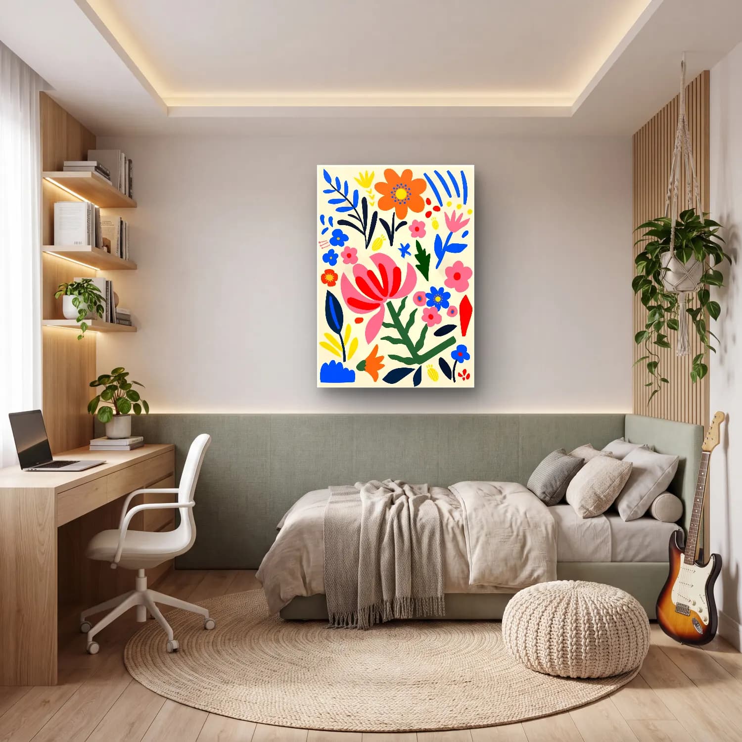 Boho Çiçek Deseni No. 92 cam tablo — genç odasında