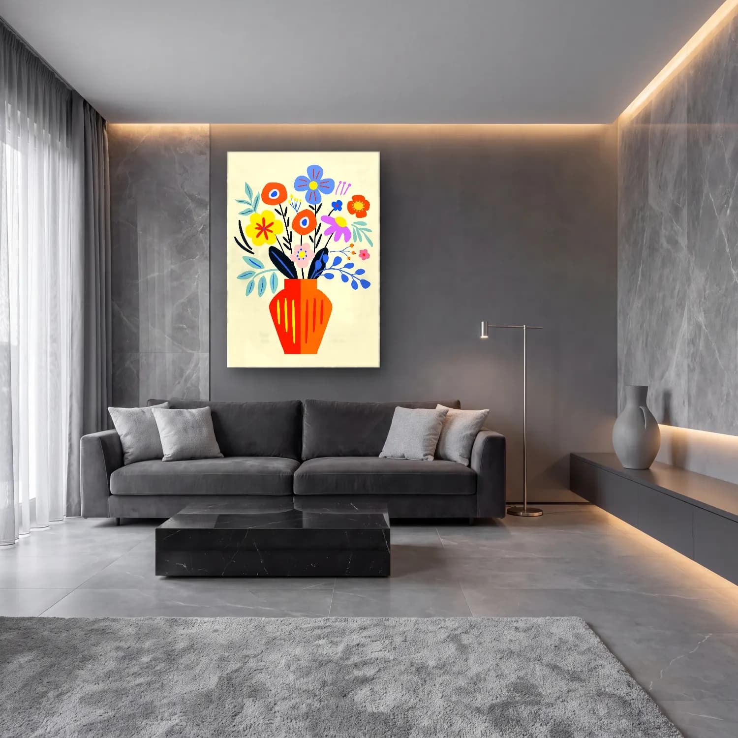 Boho Vazoda Çiçek Buketi – Turuncu Tonlar cam tablo — lüks salon duvarında