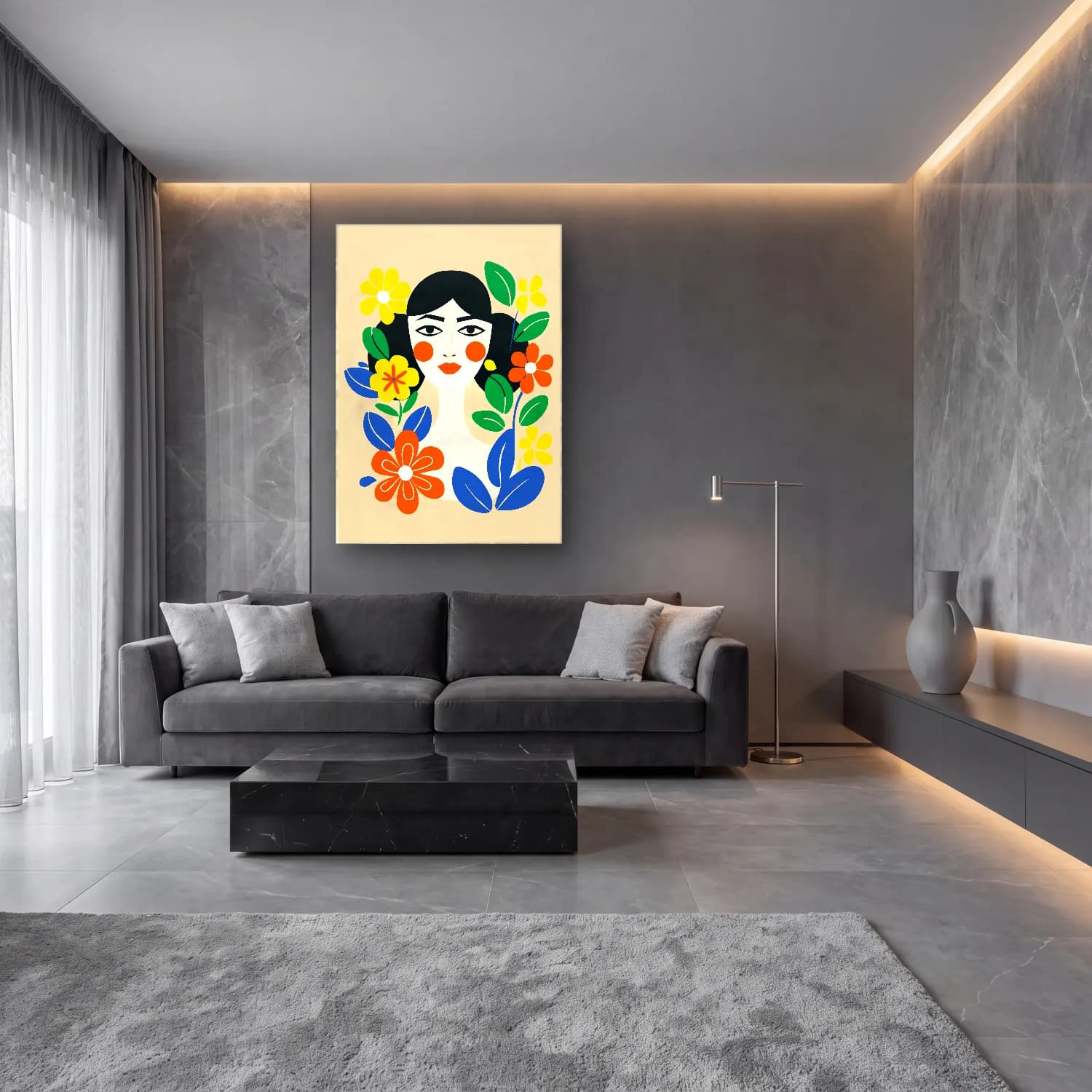 Boho Kadın Portresi – Turuncu Tonlar cam tablo — lüks salon duvarında