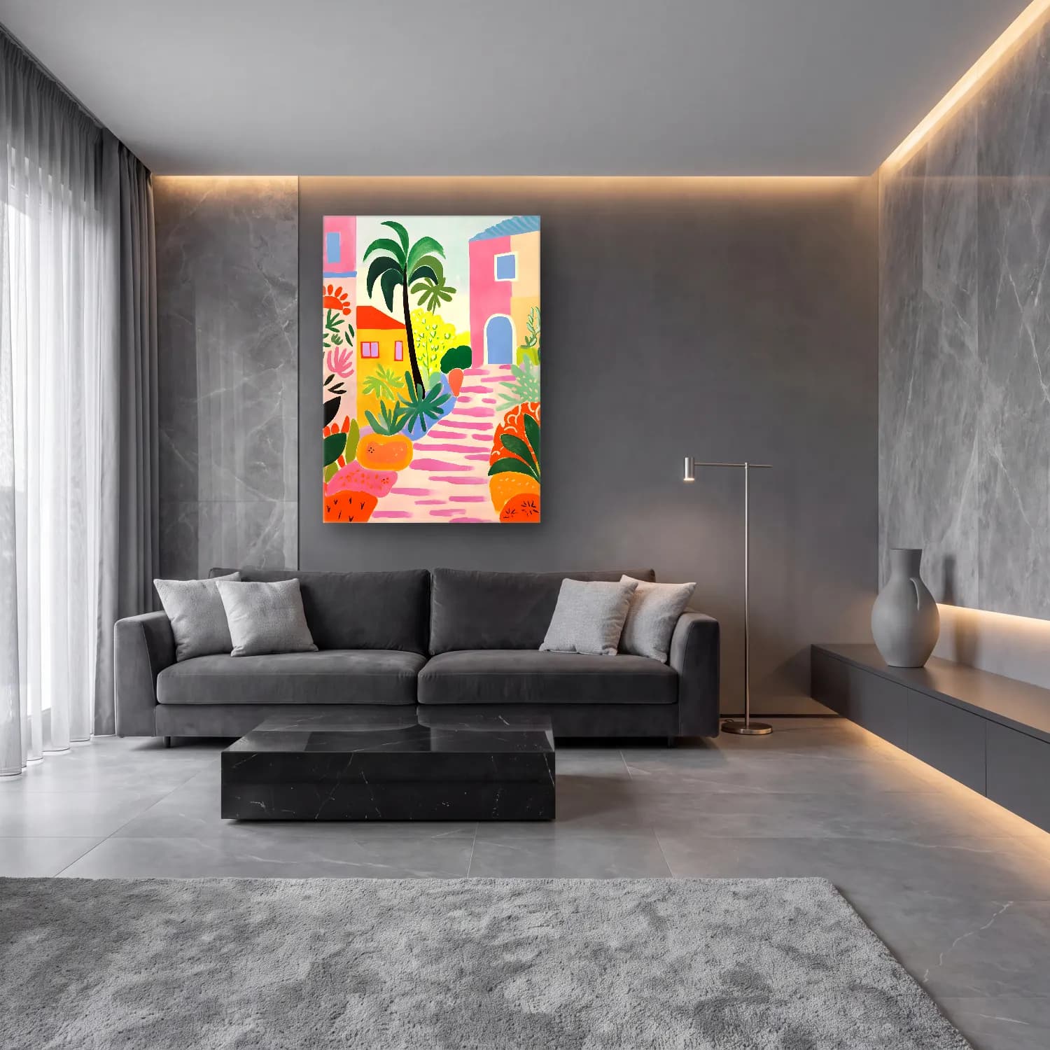 Boho Çiçek Bahçesi – Pembe Tonlar cam tablo — lüks salon duvarında