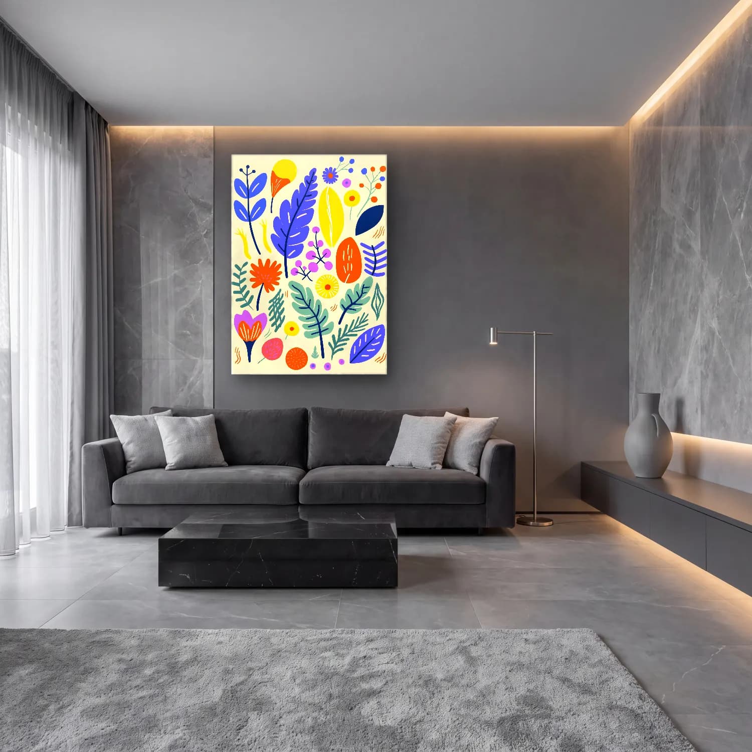 Maksimalist Çiçek Deseni No. 10 cam tablo — lüks salon duvarında