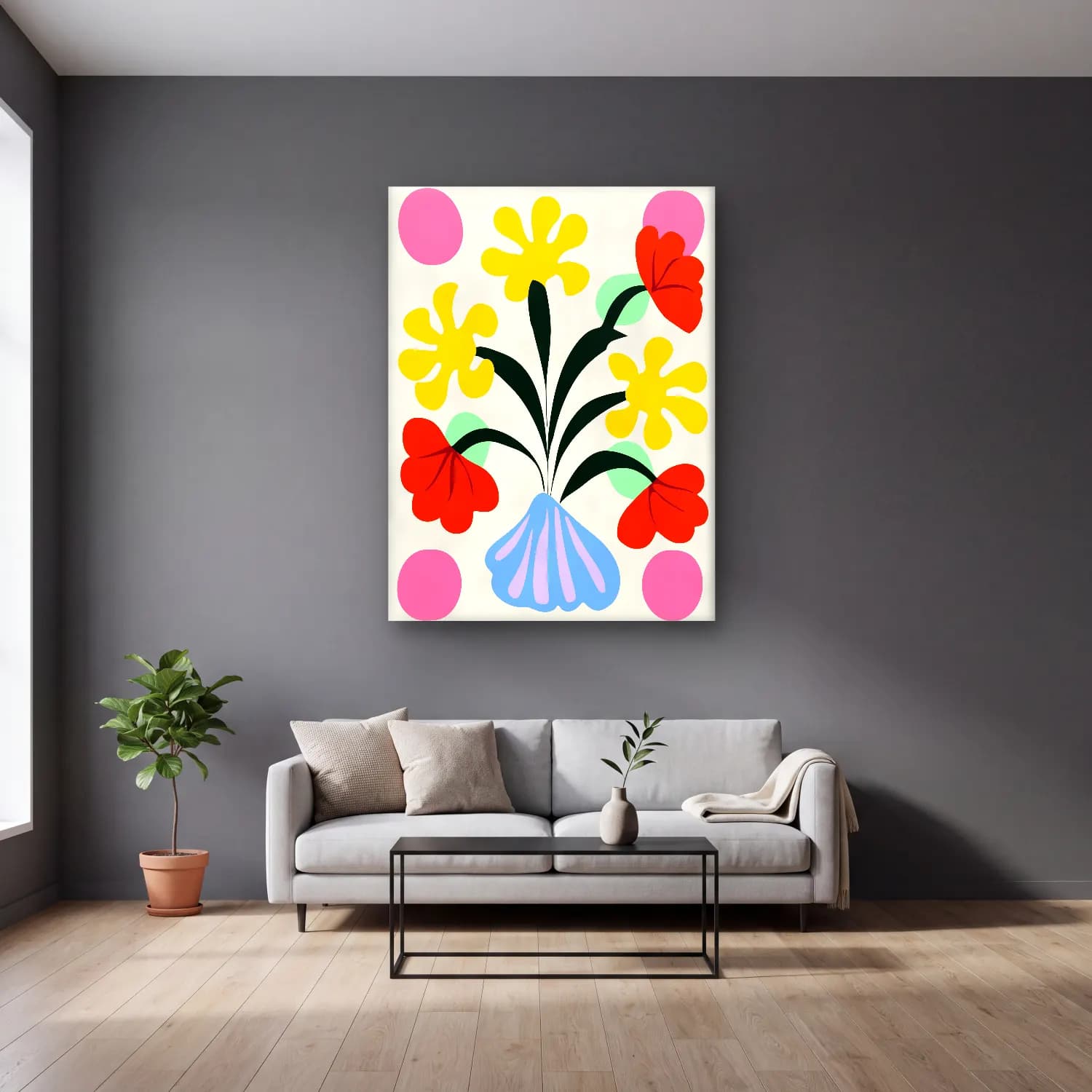 Boho Çiçek Deseni No. 93 cam tablo — gri duvarlı salonda