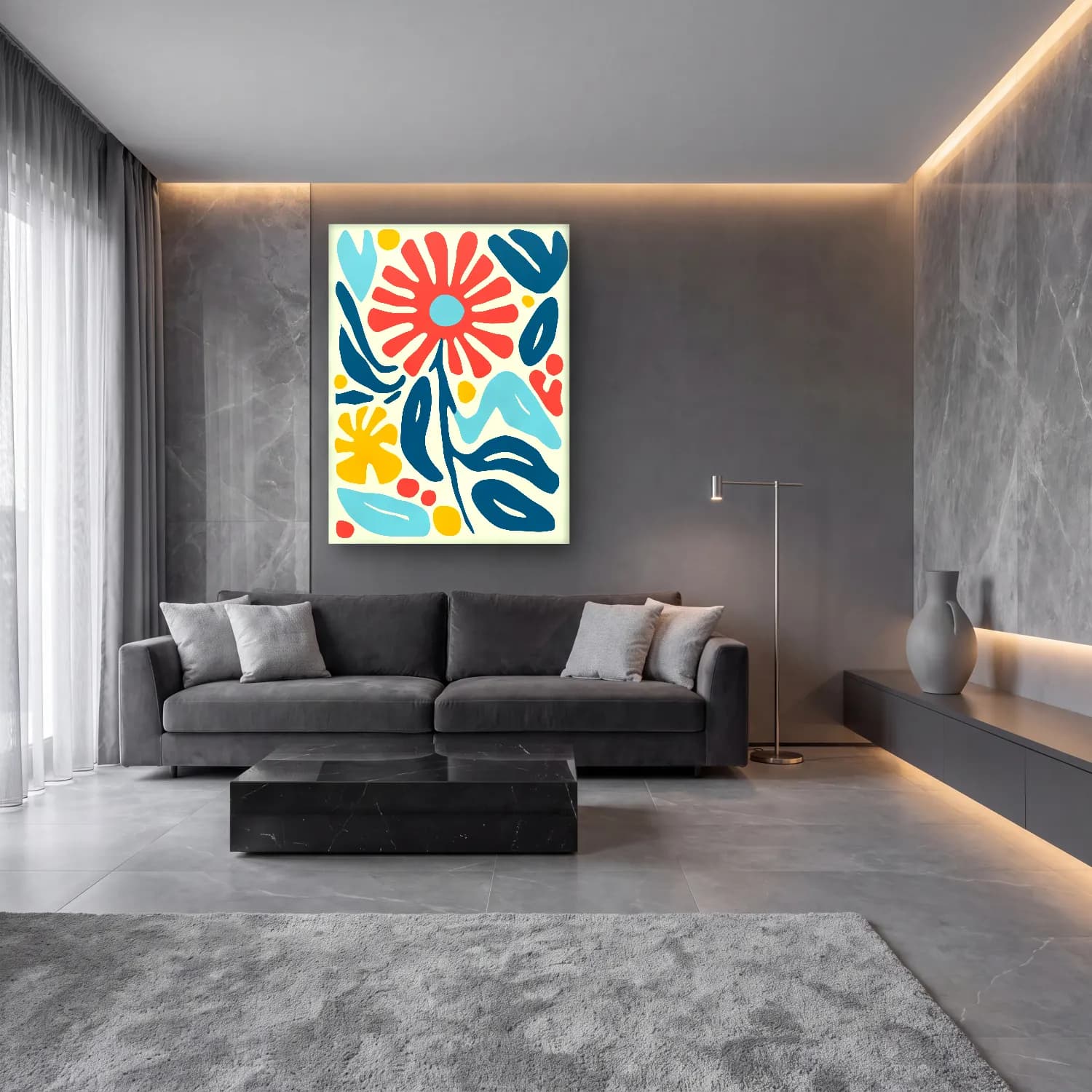 Boho Çiçek Deseni No. 94 cam tablo — lüks salon duvarında