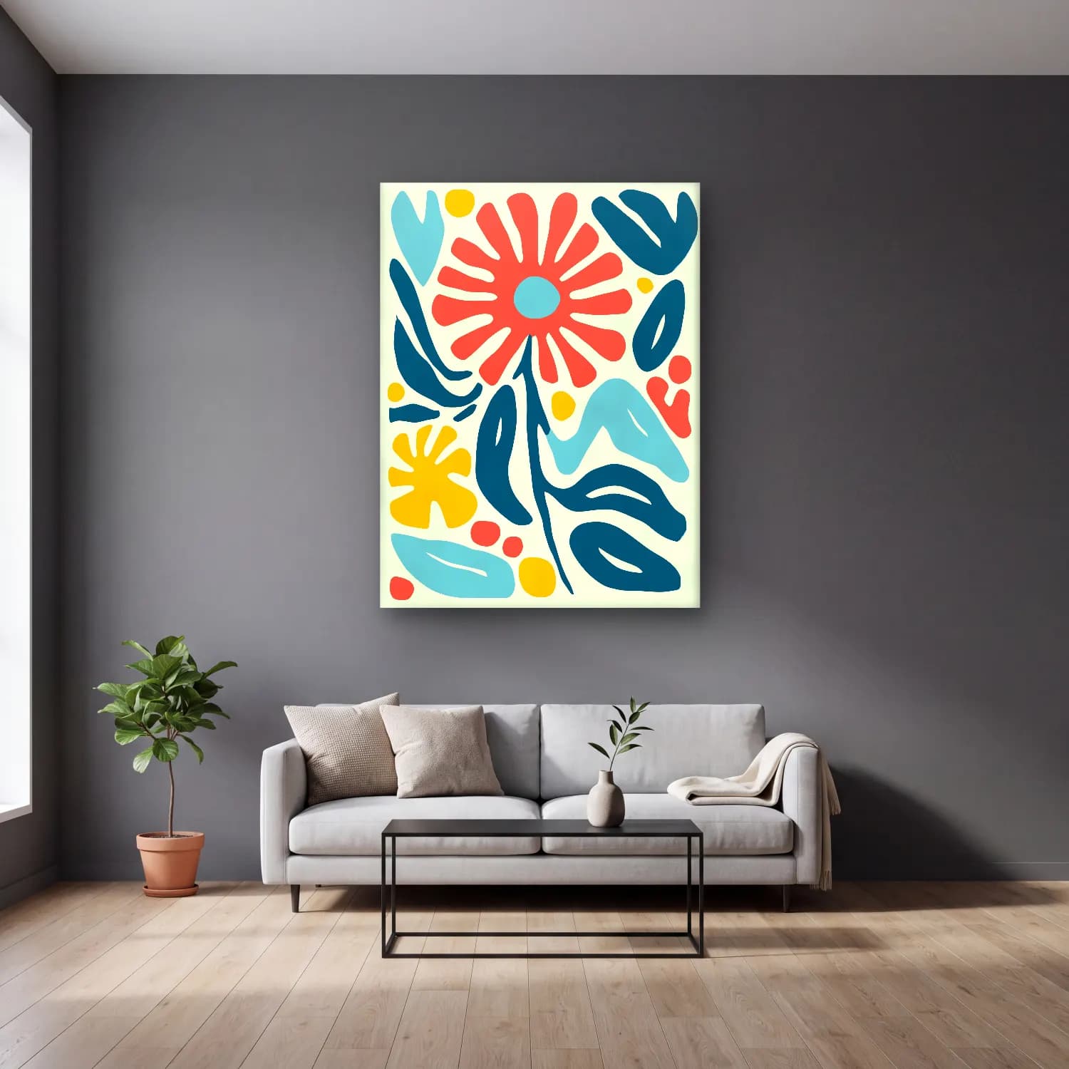 Boho Çiçek Deseni No. 94 cam tablo — gri duvarlı salonda