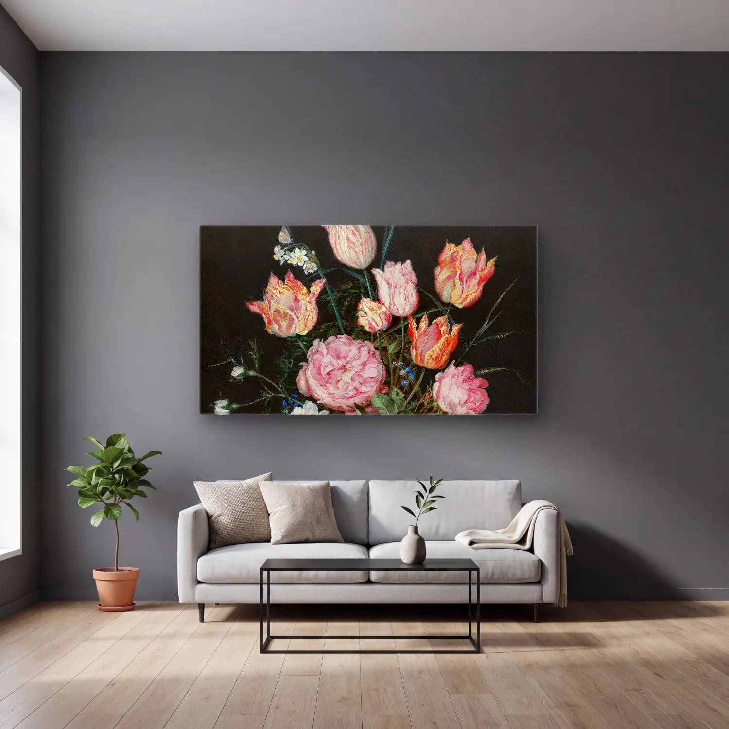 Jan Brueghel The Elder – Flowers in a Wan-Li Vase cam tablo — gri duvarlı salonda
