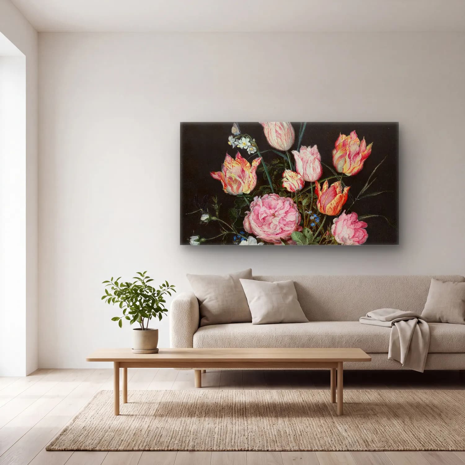 Jan Brueghel The Elder – Flowers in a Wan-Li Vase cam tablo — açık renk salonda