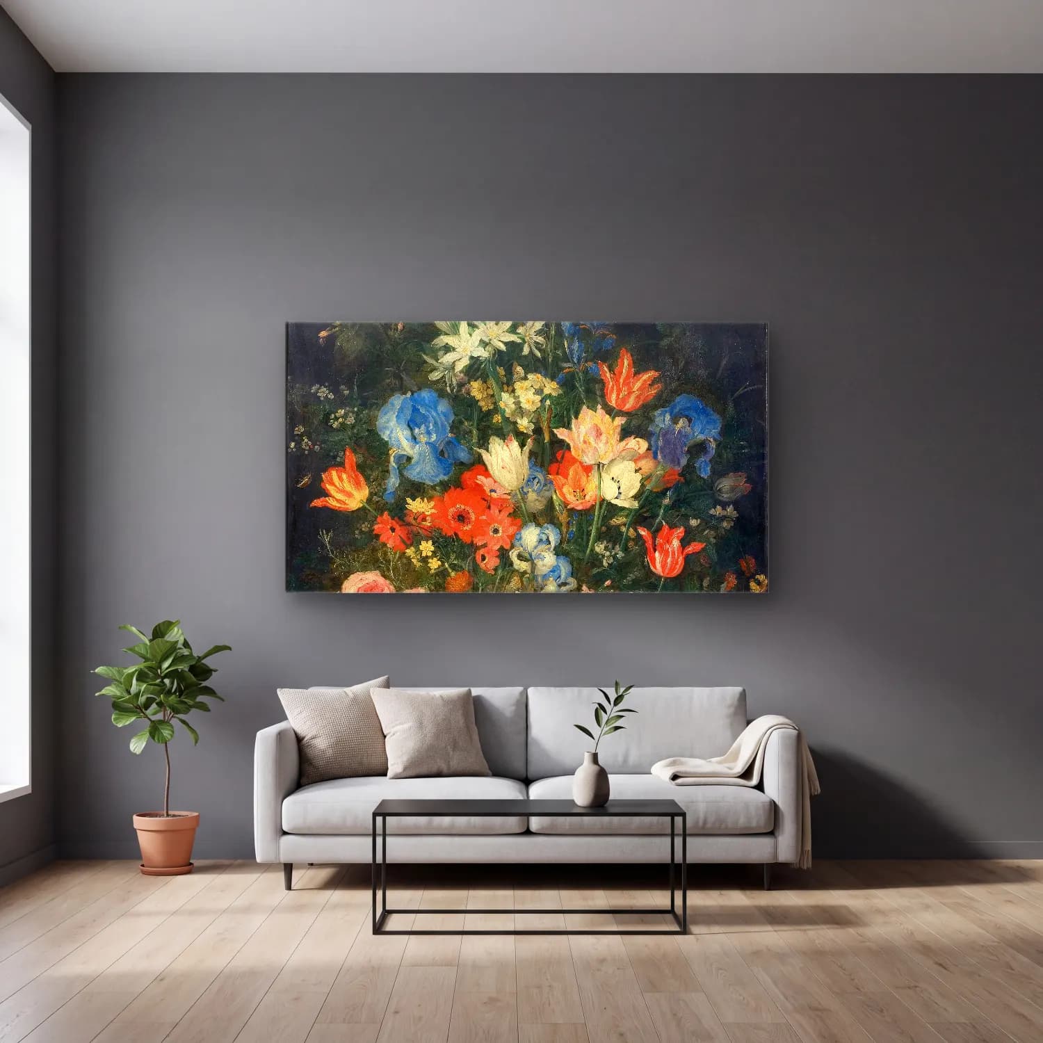Jan Brueghel The Elder – Still Life with Flowers and Insects cam tablo — gri duvarlı salonda