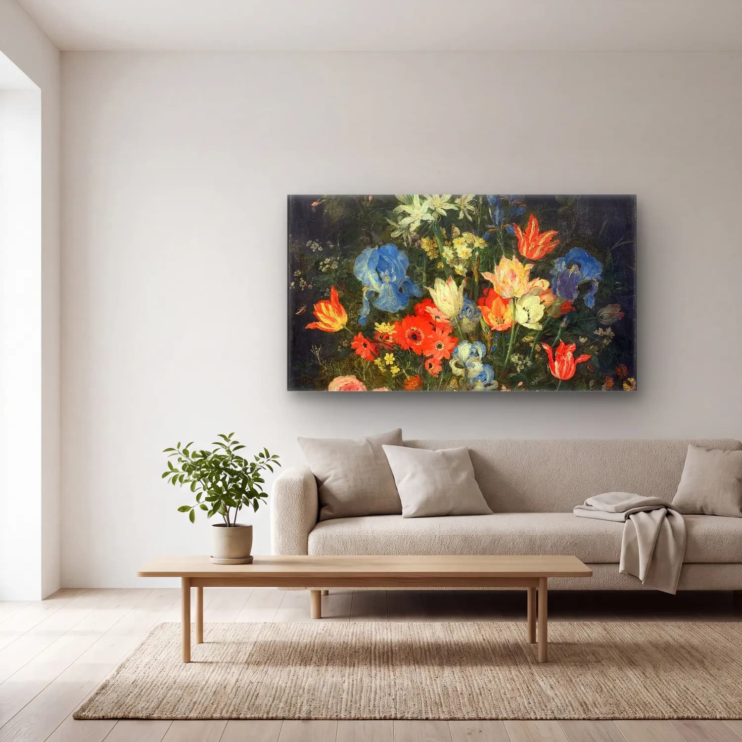 Jan Brueghel The Elder – Still Life with Flowers and Insects cam tablo — açık renk salonda