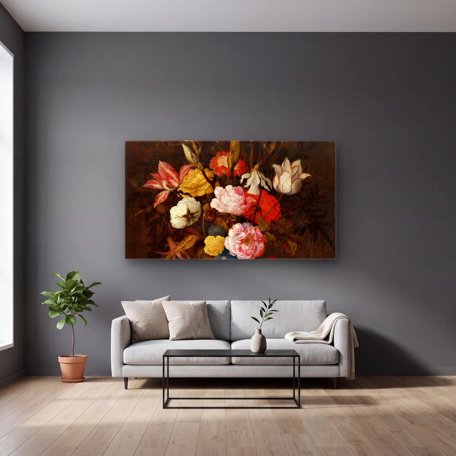 Balthasar van der Ast – Floral Still Life with Shells cam tablo — gri duvarlı salonda