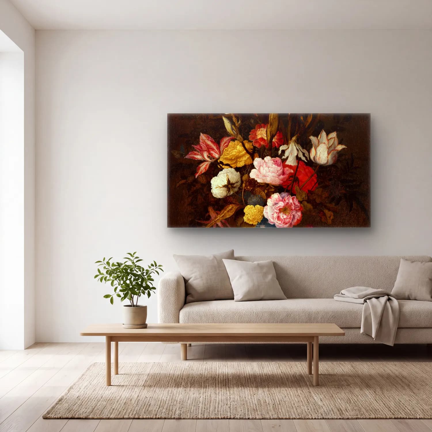Balthasar van der Ast – Floral Still Life with Shells cam tablo — açık renk salonda