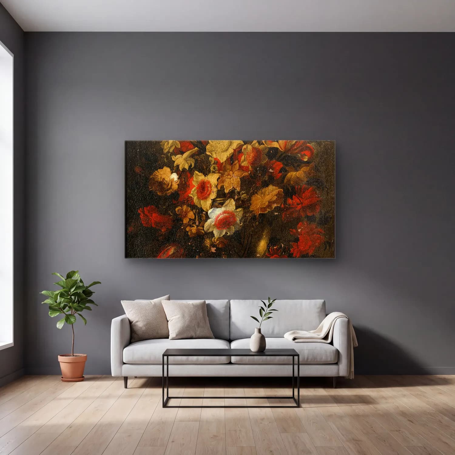 Juan de Arellano – Floral Still Life cam tablo — gri duvarlı salonda