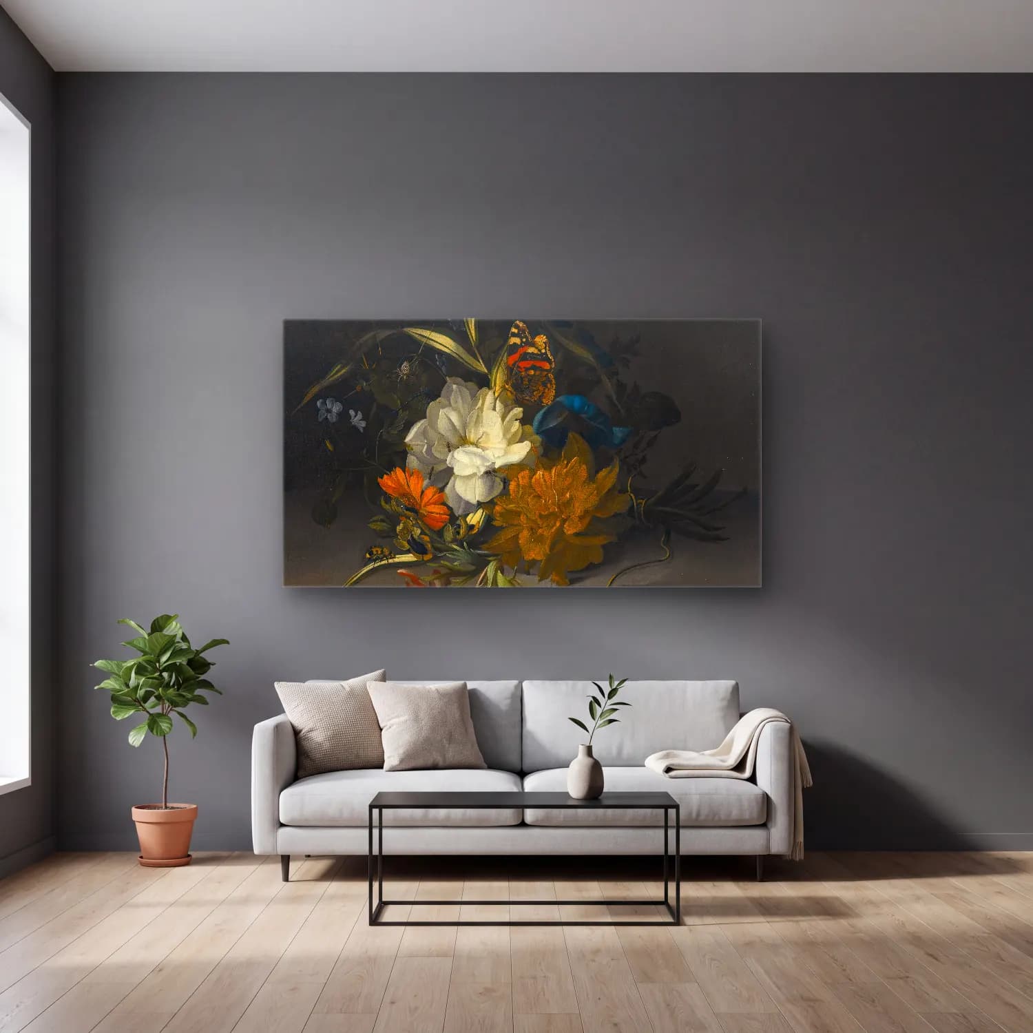 Rachel Ruysch – Still Life With Marigolds, Morning Glory, A Passion Flower cam tablo — gri duvarlı salonda