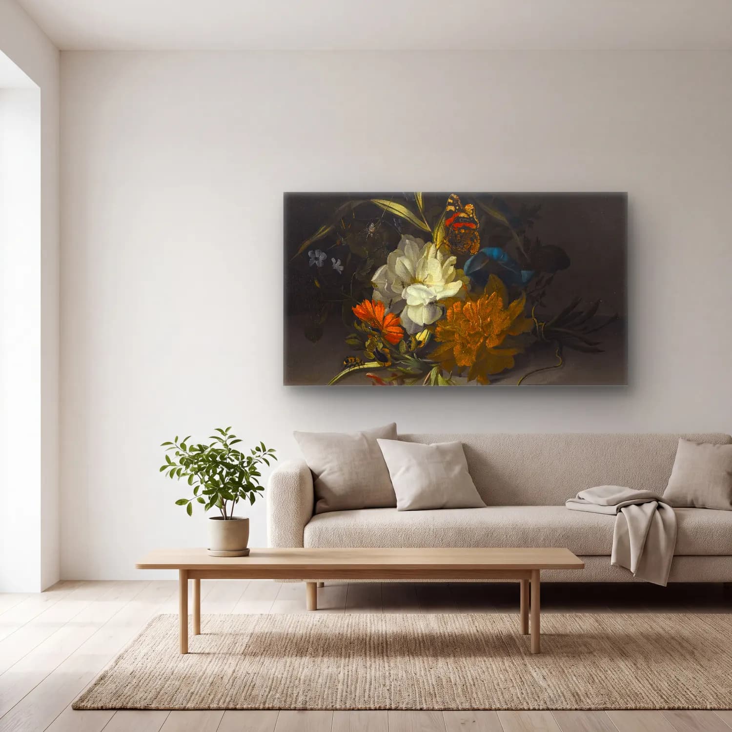 Rachel Ruysch – Still Life With Marigolds, Morning Glory, A Passion Flower cam tablo — açık renk salonda