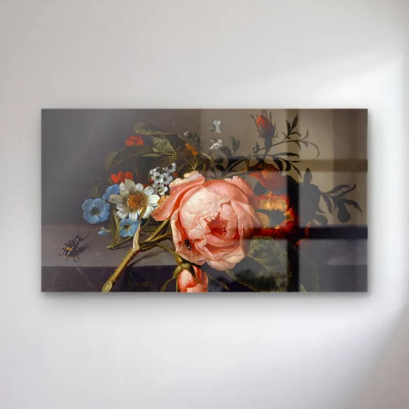 Rachel Ruysch – Still Life With Rose Branch, Beetle And Bee cam tablo — Rachel Ruysch – Still Life With Rose Branch, Beetle And Bee — yağlı boya vazoda çiçek buketi