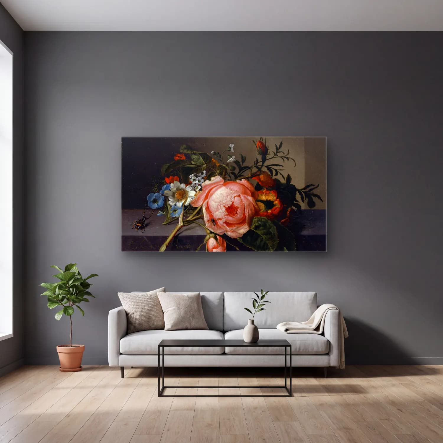 Rachel Ruysch – Still Life With Rose Branch, Beetle And Bee cam tablo — gri duvarlı salonda