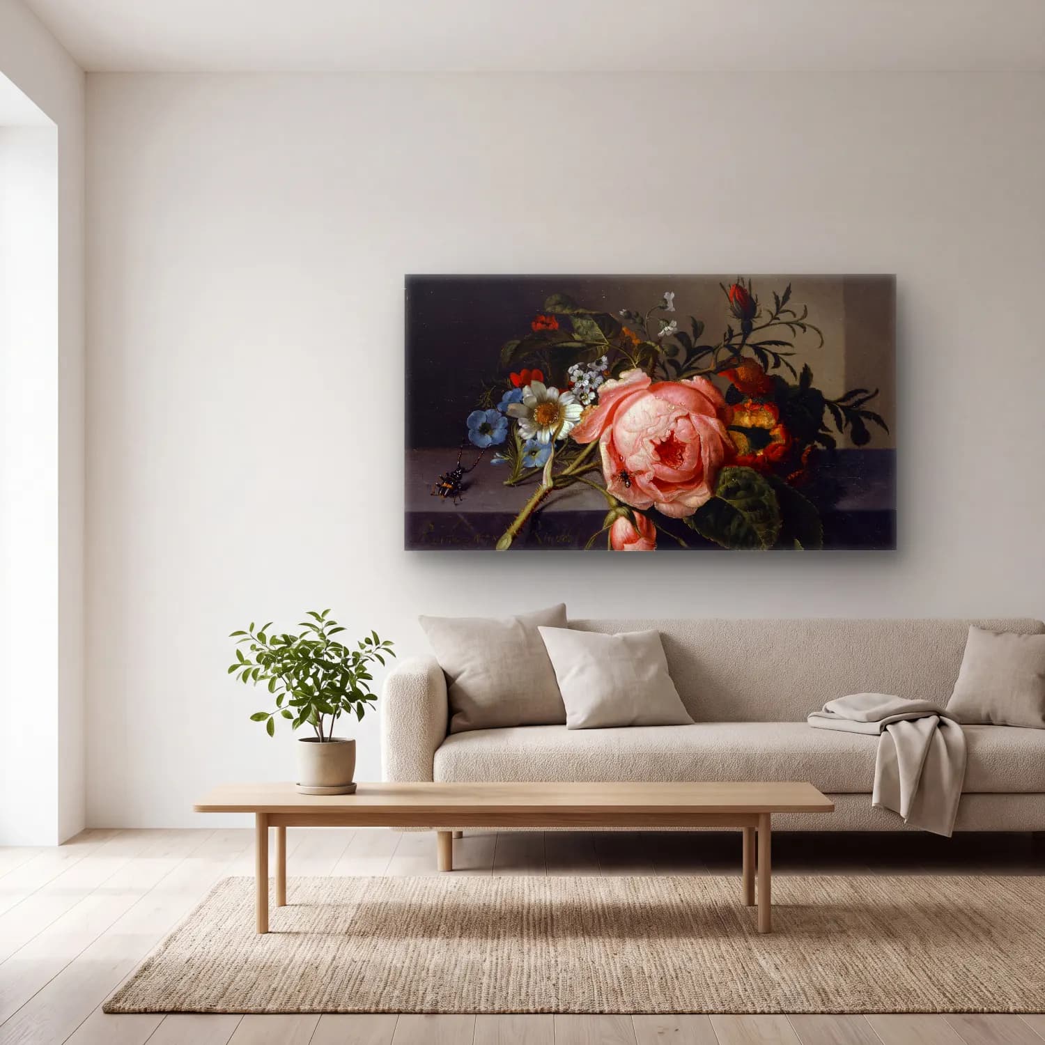 Rachel Ruysch – Still Life With Rose Branch, Beetle And Bee cam tablo — açık renk salonda