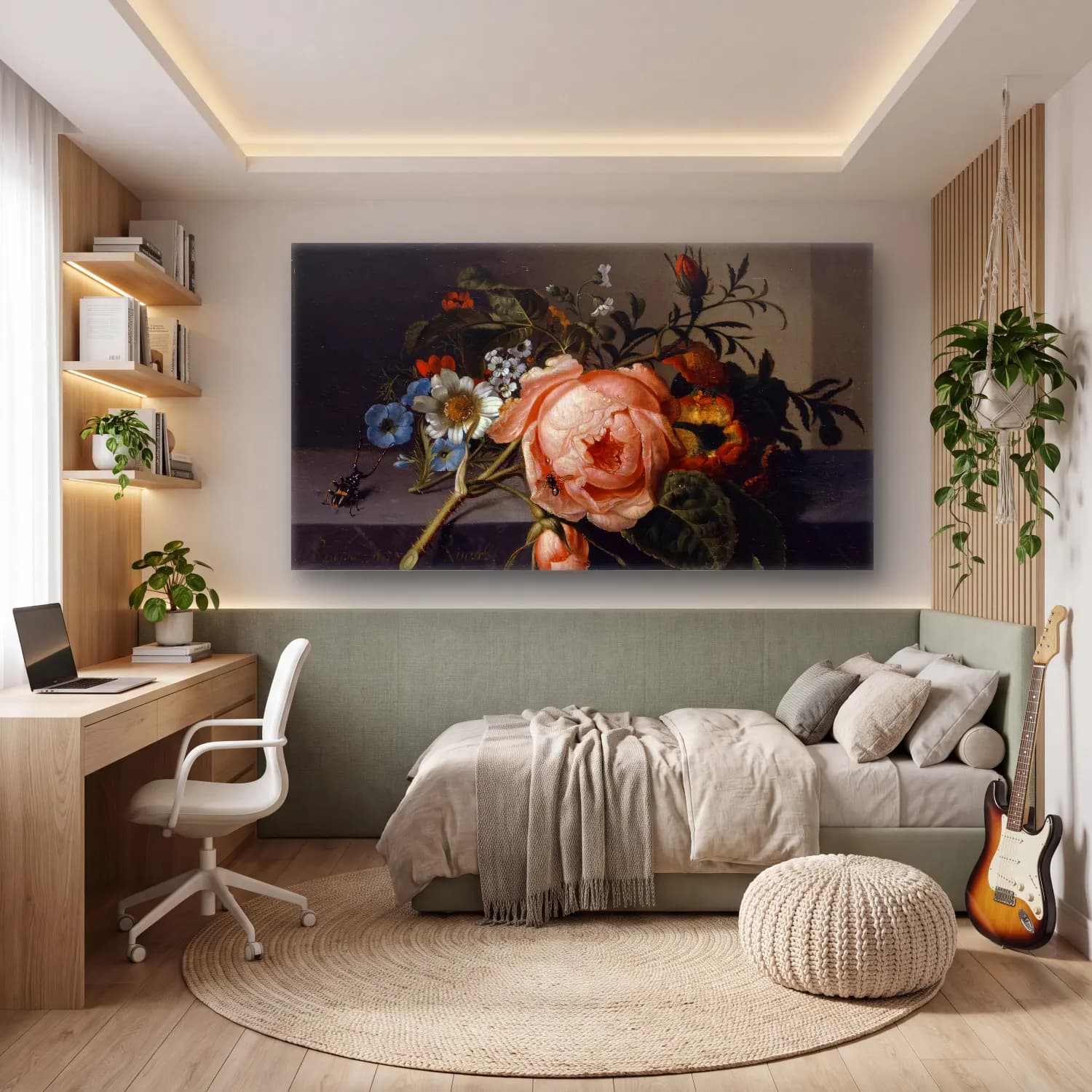 Rachel Ruysch – Still Life With Rose Branch, Beetle And Bee cam tablo — genç odasında