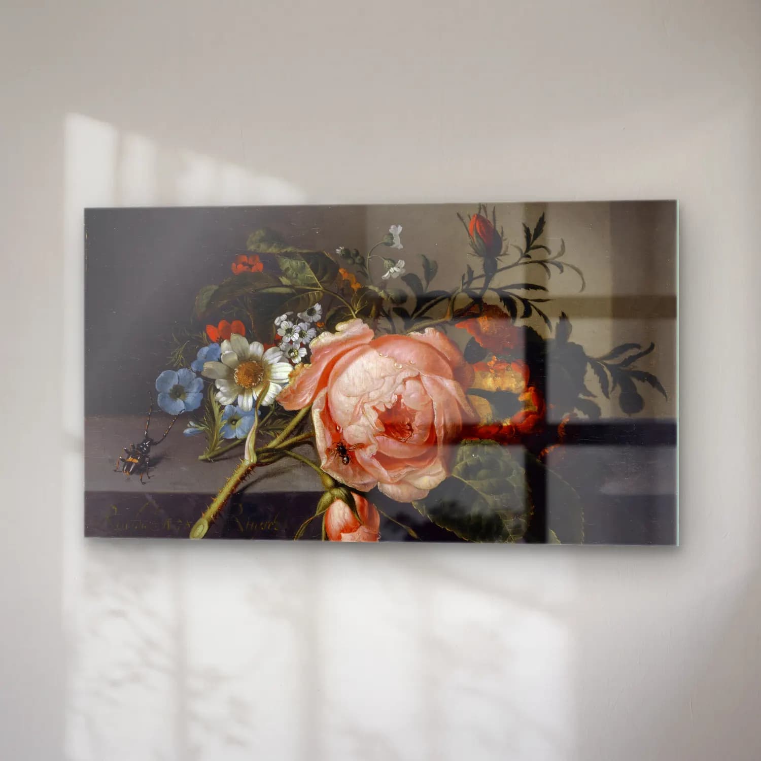 Rachel Ruysch – Still Life With Rose Branch, Beetle And Bee cam tablo — sağ açıdan görünüm