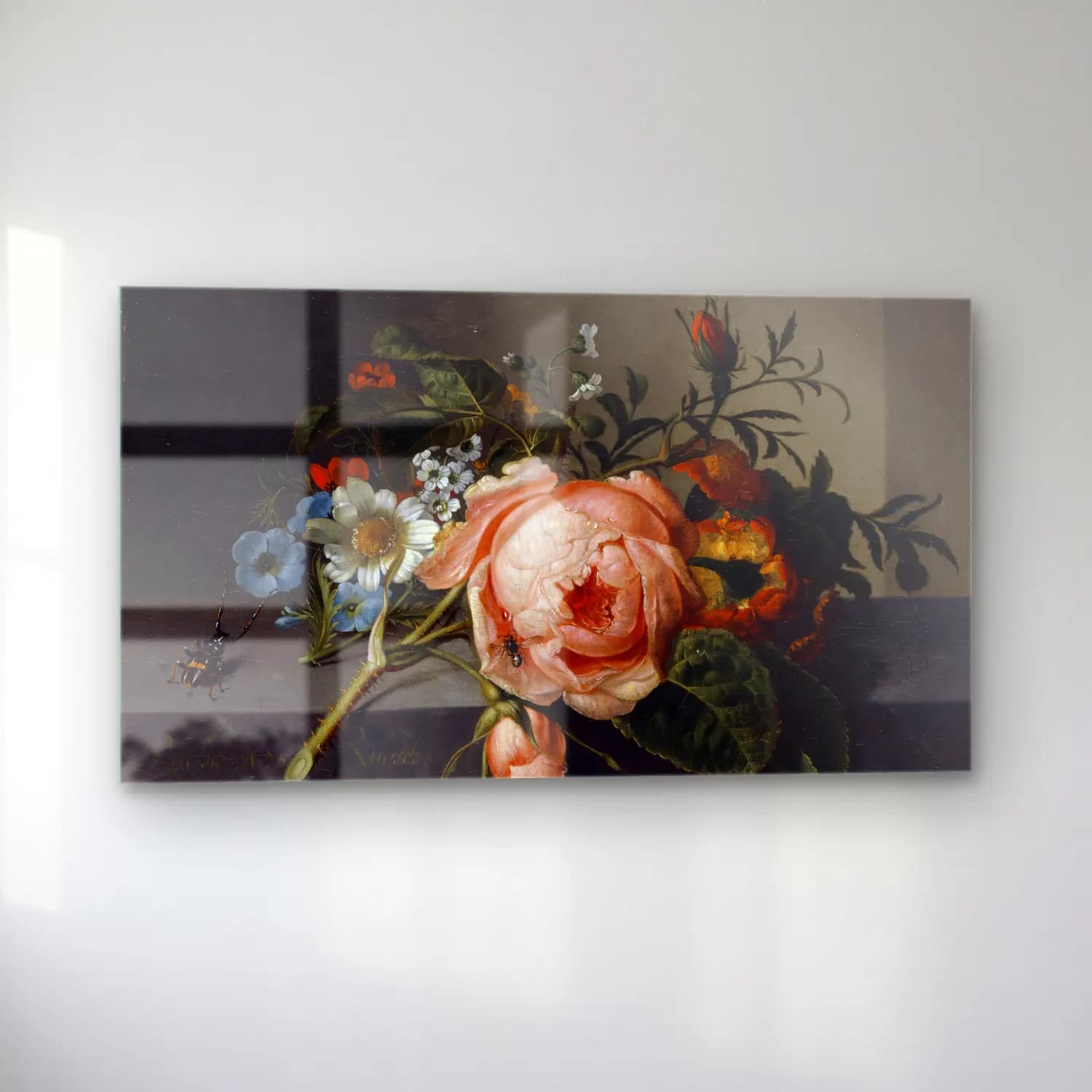 Rachel Ruysch – Still Life With Rose Branch, Beetle And Bee cam tablo — sol açıdan görünüm